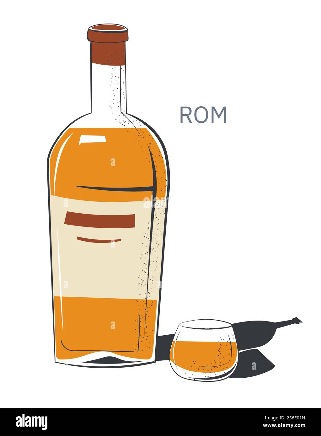 Bevanda alcolica versata in bicchierino e bottiglia con etichette. Prodotto utilizzato nei pub e negli stabilimenti di produzione di bevande alcoliche. Produzione di bevande bourbon o rum. Menu per ristoranti o bar. Vettore in stile piatto. Bevanda alcolica al rum in bottiglia e vettore di vetro Illustrazione Vettoriale