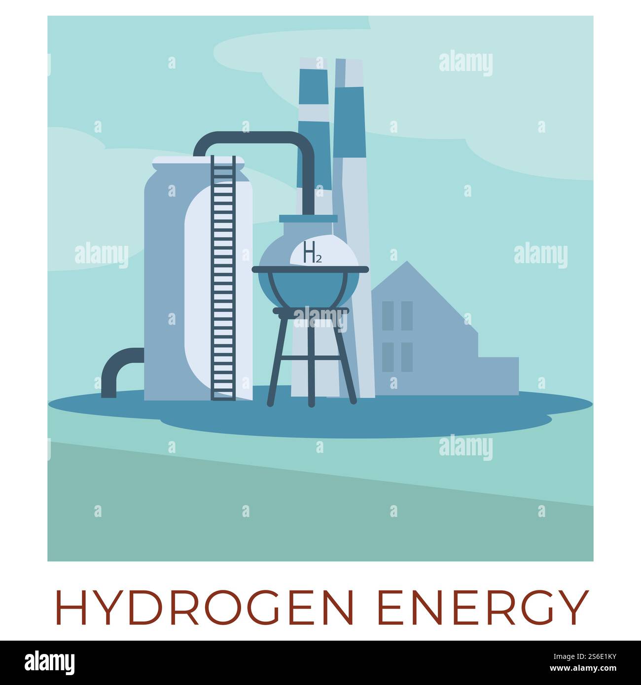 Metodi e tecnologie ecologici per generare e accumulare energia dalle risorse naturali. Impianto di energia a idrogeno o tessuto che produce elettricità. Generatori con tubi vettoriali in stile piatto. Impianto a idrogeno che genera energia, tecnologie ecocompatibili Illustrazione Vettoriale
