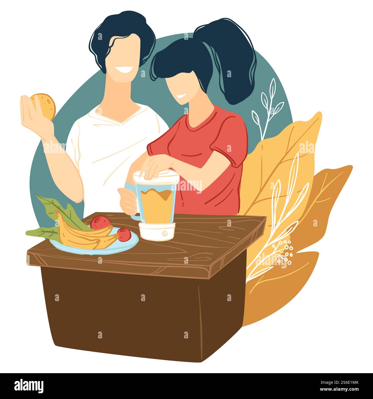 Uomo e donna che guidano uno stile di vita sano che produce frullato o cocktail vitaminico di frutta e verdura fresca. Coppia che mangia prodotti biologici, ragazzo e ragazza con banane e prodotti vettoriali in piano. Coppia che prepara frullato fresco di frutta tropicale vettoriale Illustrazione Vettoriale