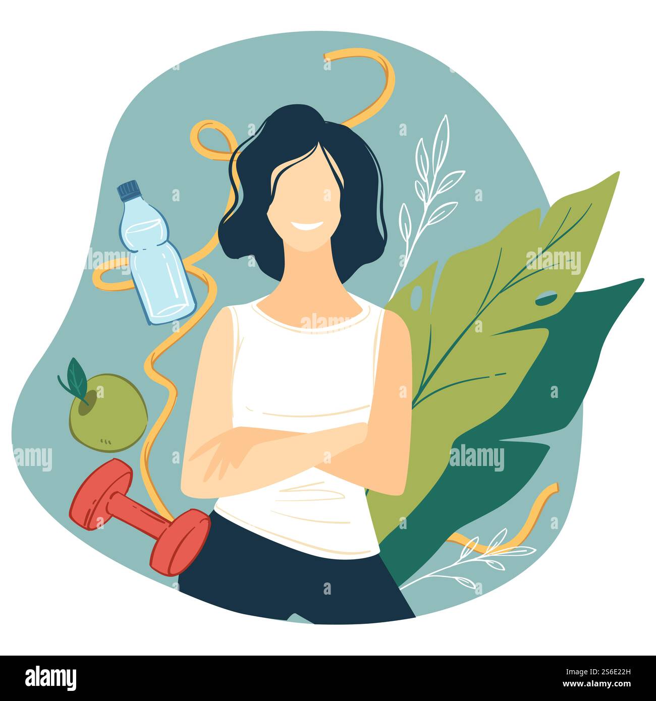 Carattere femminile felice che conduce uno stile di vita sano, bere acqua, mangiare frutta e dieta. Donna formazione e esercizio per il miglioramento della salute dell'organismo. Vettore nutrizionale e bilanciato in piano. Donna che conduce uno stile di vita sano, dieta e esercizio vettore Illustrazione Vettoriale