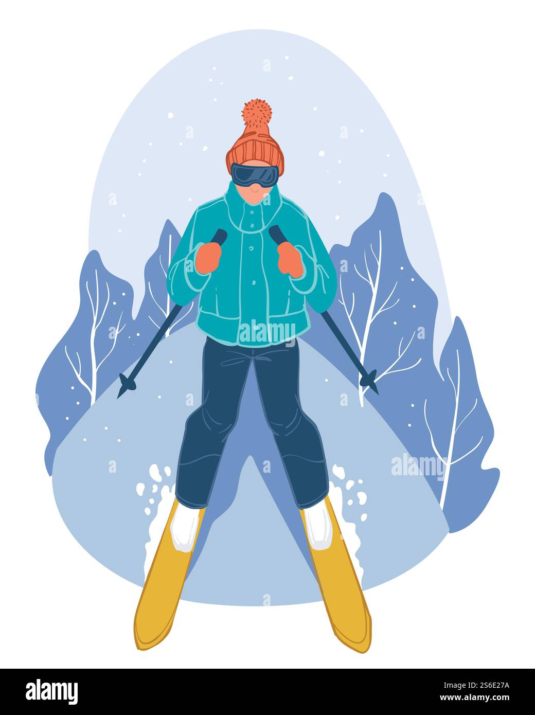 Sport invernali e attività all'aria aperta, personalità isolata che scende in discesa in inverno. Sciare in montagna. Stile di vita attivo e tempo libero durante la stagione. Vacanze e riposo. Vettore in stile piatto. Discesa per sciatori, sport invernali Illustrazione Vettoriale