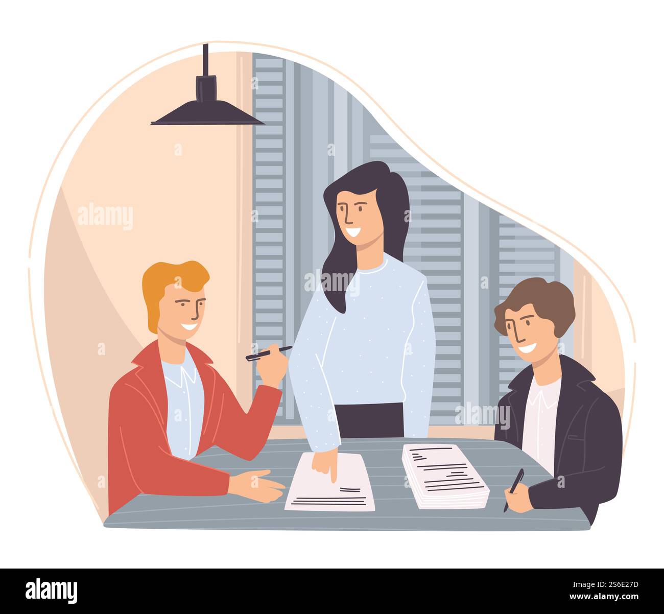 Progetti di sviluppo del team per i dipendenti aziendali e discussione di idee. Brainstorming dei lavoratori con leader che mostrano rapporti e risultati del lavoro. Vita in ufficio o dipendenti seduti al tavolo. Vettore in stile piatto. Team di dipendenti che pensano allo sviluppo del progetto Illustrazione Vettoriale