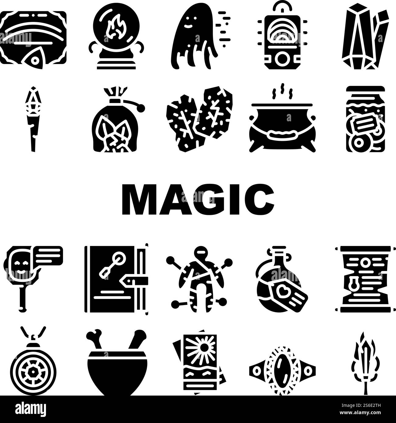 Icone della collezione di oggetti Magic Mystery Set Vector. Sfera per Spiritism and Magic Cards, Ouija Board per comunicare con Spirits and Runes pittogrammi Glyph illustrazioni nere. Icone della collezione di oggetti Magic Mystery Set Vector Illustrazione Vettoriale