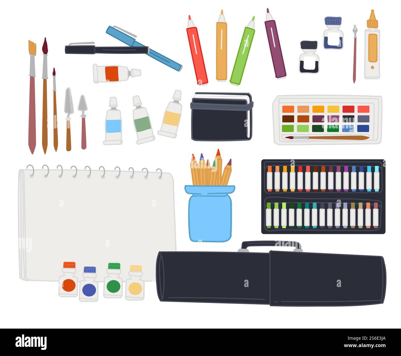 Kit artista per disegnare e creare capolavori, matite isolate e penne colorate. Blocco appunti o bozzetto con pagine vuote. Pennelli e vernici, valigetta con strumenti. Vettore in stile piatto. Kit per disegno, matite e quaderno Illustrazione Vettoriale