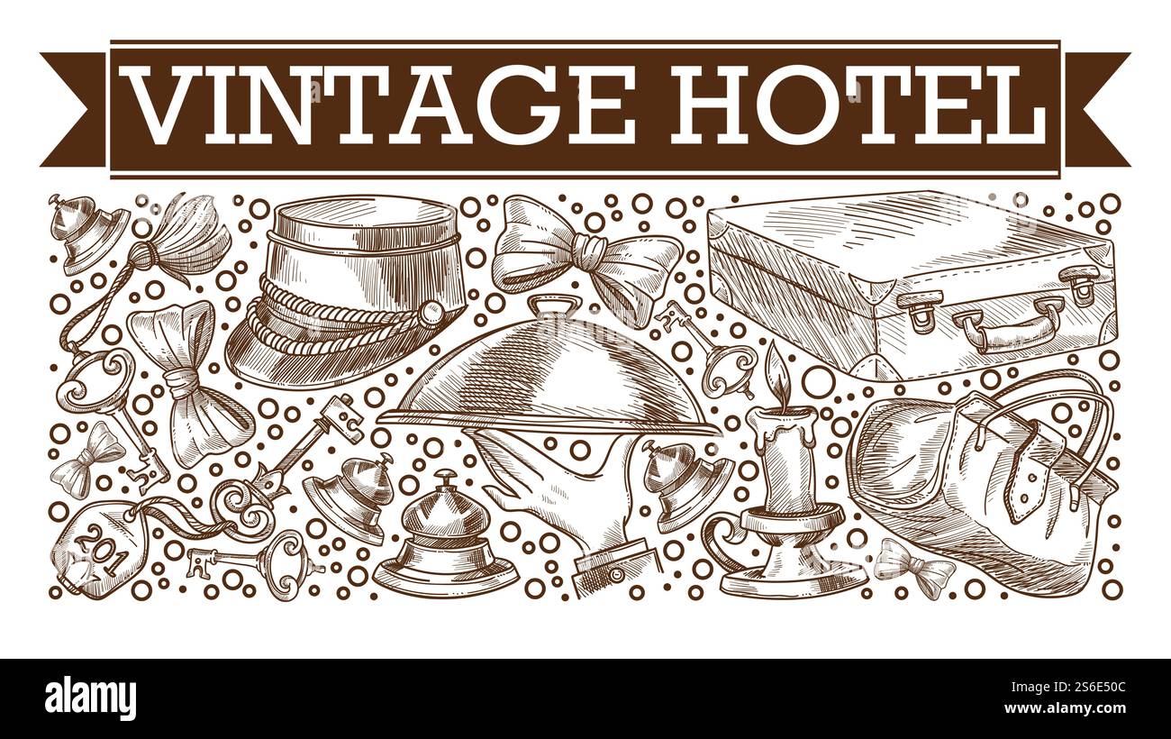 Look retrò e vintage degli elementi degli hotel, contorno monocromatico del maggiordomo, piatto servito dal cameriere. Chiavi e valigie della camera, lume di candela vecchio stile. Classico vettore in stile piatto. Icone simboliche degli hotel d'epoca, bozzetto monocromatico Illustrazione Vettoriale
