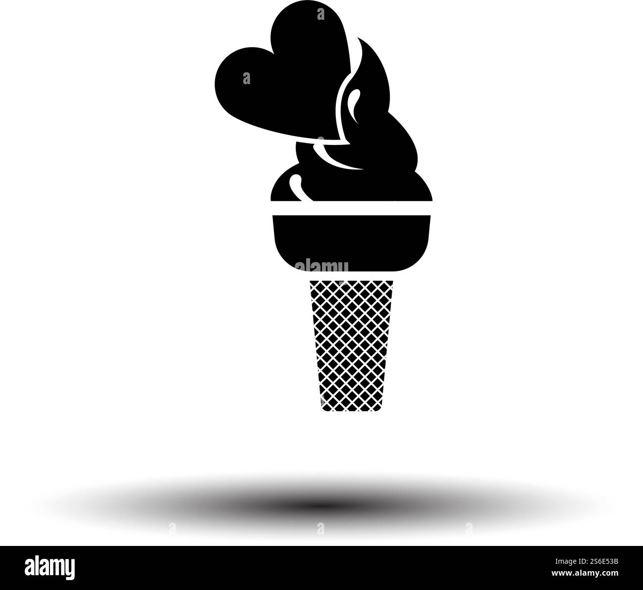 San Valentino Icecream con cuore icona. Nero su sfondo bianco con ombra. Illustrazione vettoriale. Illustrazione Vettoriale
