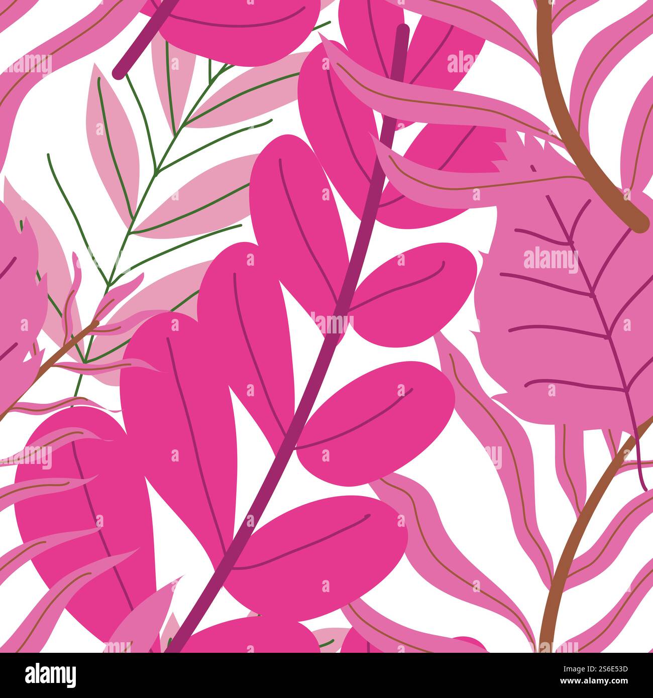 Botanica esotica o tropicale con foglie lussureggianti e grande fogliame. Bouquet di flora. Delicata macchia rosa, sfondo decorativo o stampa. Liane e monstera. Ripetizione senza cuciture, vettoriale in stile piatto. Vegetazione di piante tropicali, botanica esotica rosa Illustrazione Vettoriale