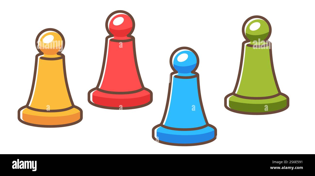 Giocare a giochi da tavolo usando pedine per fare il passo, icona isolata di statuette di plastica per i giocatori. Divertimento e intrattenimento, processo di gioco e vittoria. Tempo libero e hobby. Vettore in stile piatto. Figure da gioco da tavolo o pedine per giocare a vettore Illustrazione Vettoriale