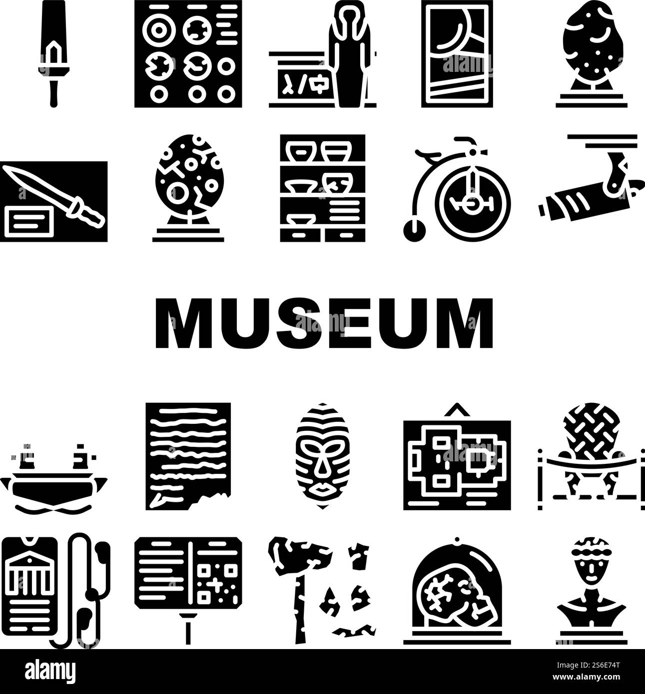 Mostre del museo e icone delle escursioni Set Vector. Museo CCTV e audioguida, monete e teschio, uovo di dinosauro e Meteorite, Statua e ceramica Glyph pittogrammi illustrazioni nere. Mostre del museo e icone delle escursioni Set Vector Illustrazione Vettoriale