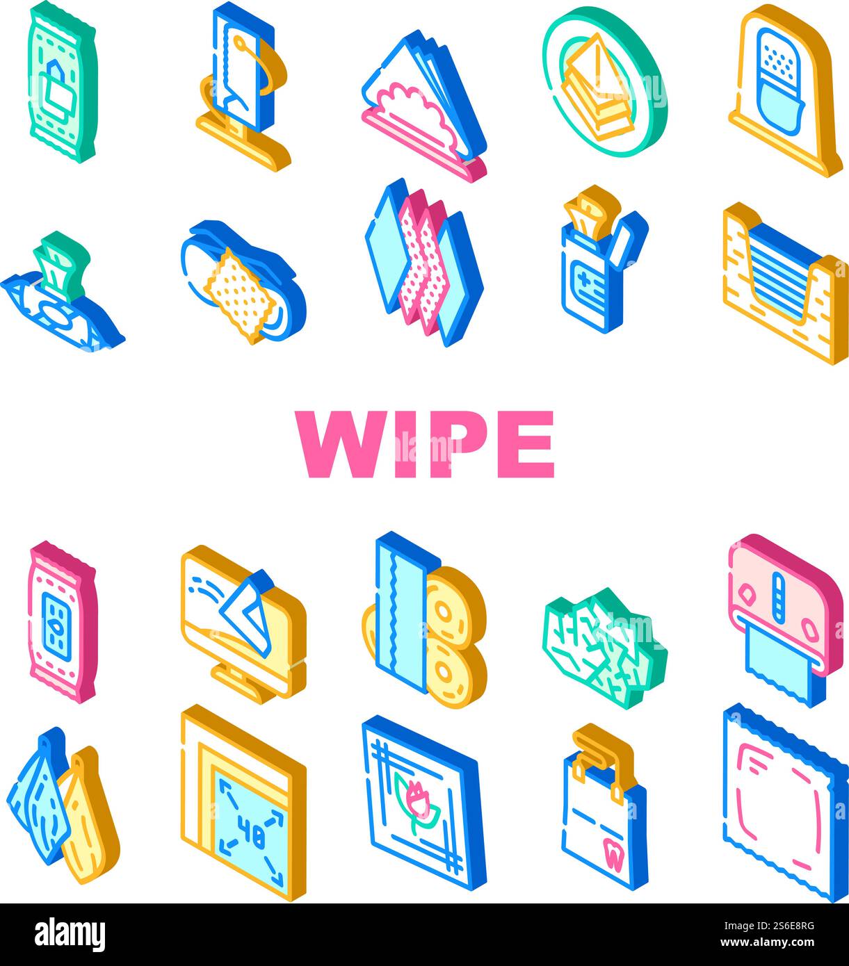 Icone di raccolta accessori per pulizia igienica Set Vector. Salvietta umida e in confezione sottovuoto, telo in rotolo e su piastra, per la pulizia di occhiali e illustrazioni di colore del segno isometrico dentario. Icone di raccolta accessori per pulizia igienica Set Vector Illustrazione Vettoriale