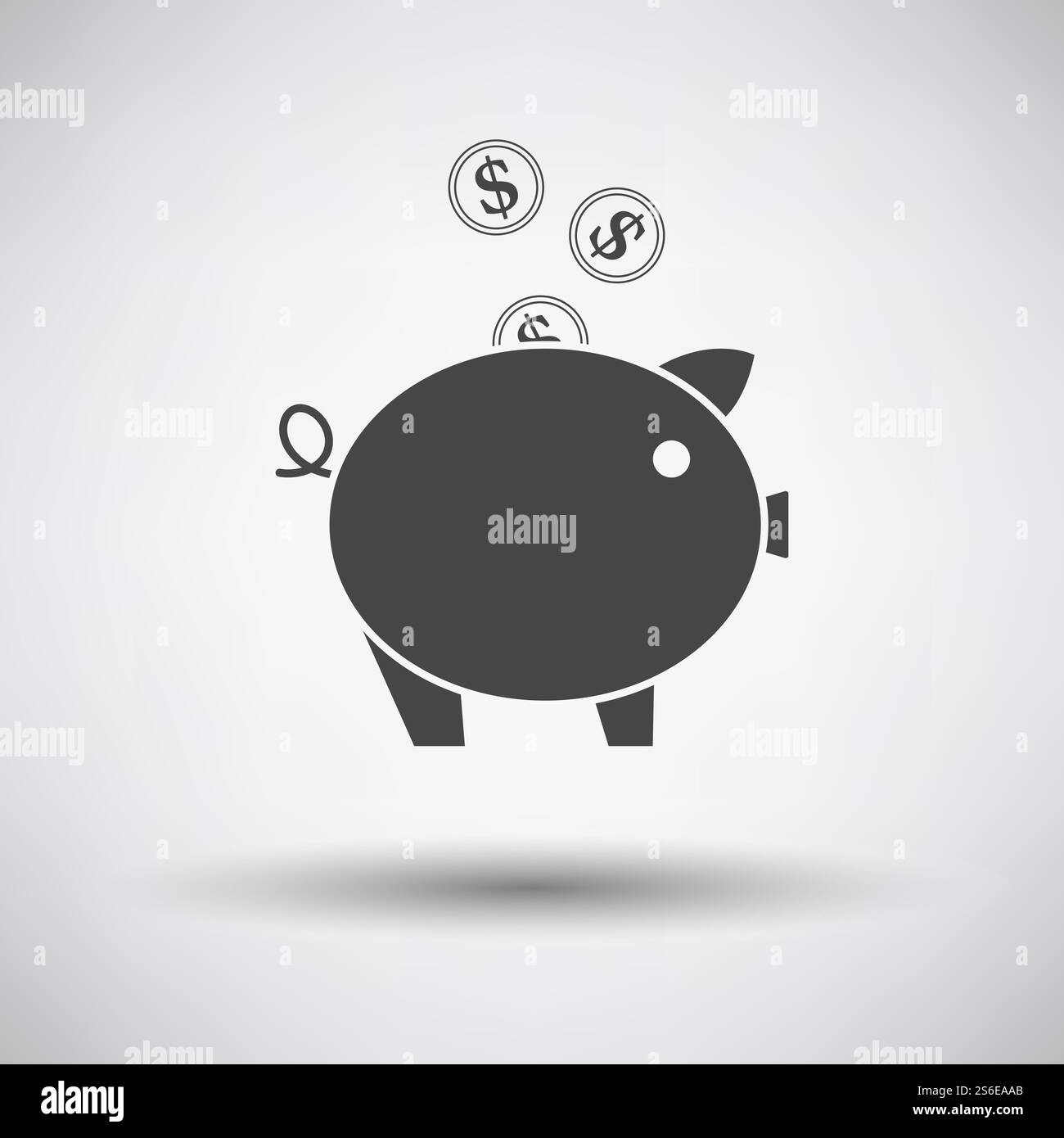 Le monete d'oro cadono nell'icona di Piggy Bank. Grigio scuro su sfondo grigio con ombra rotonda. Illustrazione vettoriale. Illustrazione Vettoriale