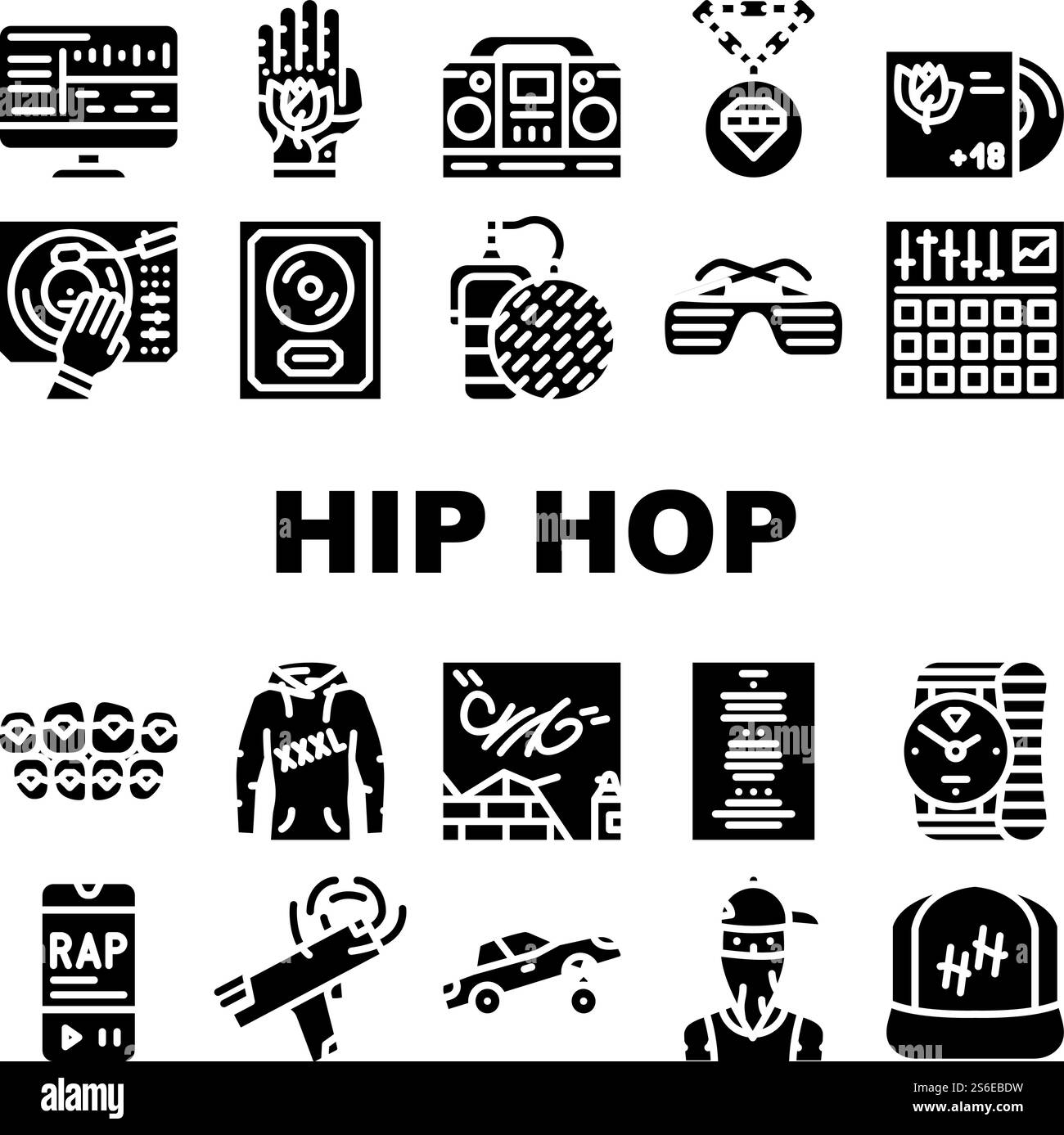 Icone hip hop e Rap Music Collection Set Vector. Hip Hop Gold Disc e Gangsta Rapper, dispositivo con microfono a rete e tatuaggio, vestiti e occhiali pittogrammi di glifo illustrazioni nere. Icone hip hop e Rap Music Collection Set Vector Illustrazione Vettoriale