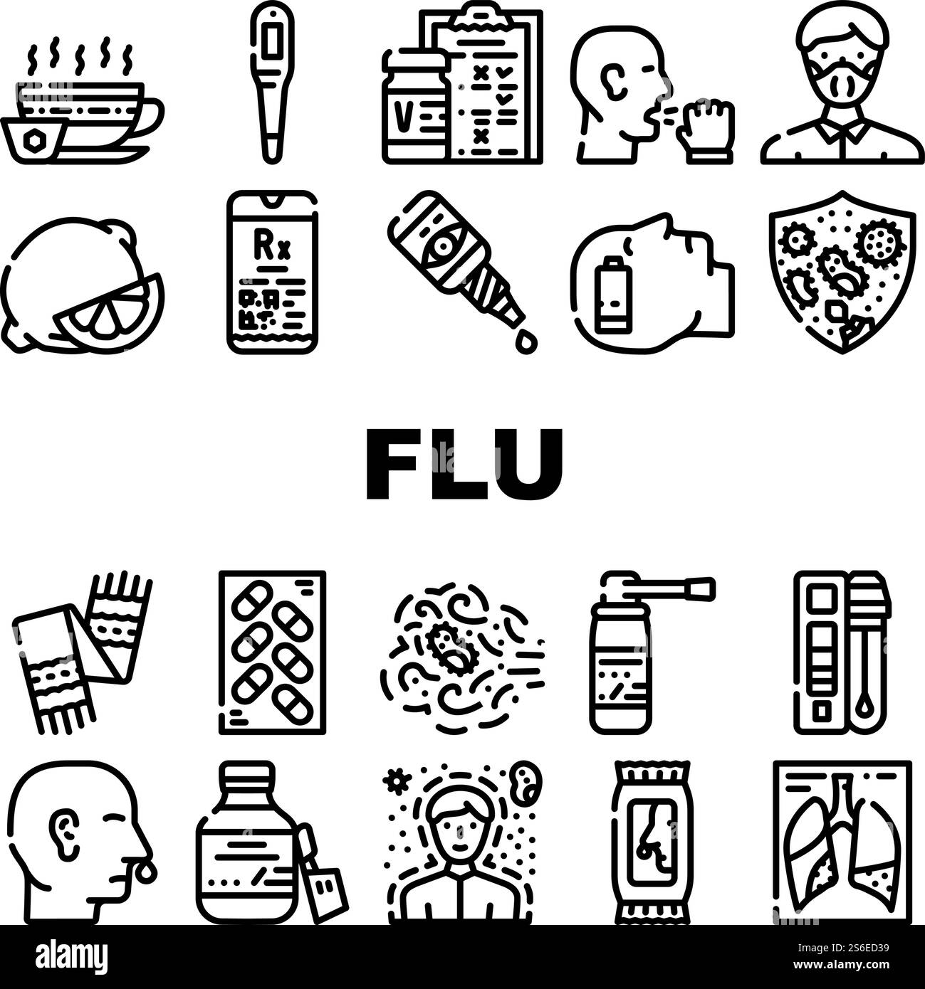 Influenza malattia trattamento Icons raccolta Vector. Vaccino antinfluenzale e test questionario, tè con miele e limone, sciroppo e gocce di occhi Black Contour illustrazioni. Influenza malattia trattamento Icons raccolta Vector Illustrazione Vettoriale