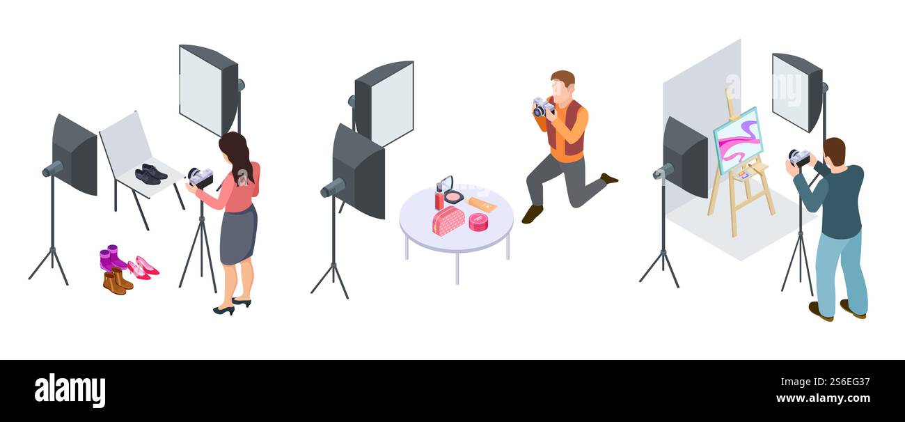 Fotografia commerciale. Fotografi isometrici, fotografia di cosmetici, scarpe, attrezzature artistiche. Fotografia cosmetici e soggetti per illustrazione commerciale. Fotografia commerciale. Fotografi isometrici, fotografia di cosmetici, scarpe, attrezzature artistiche Illustrazione Vettoriale