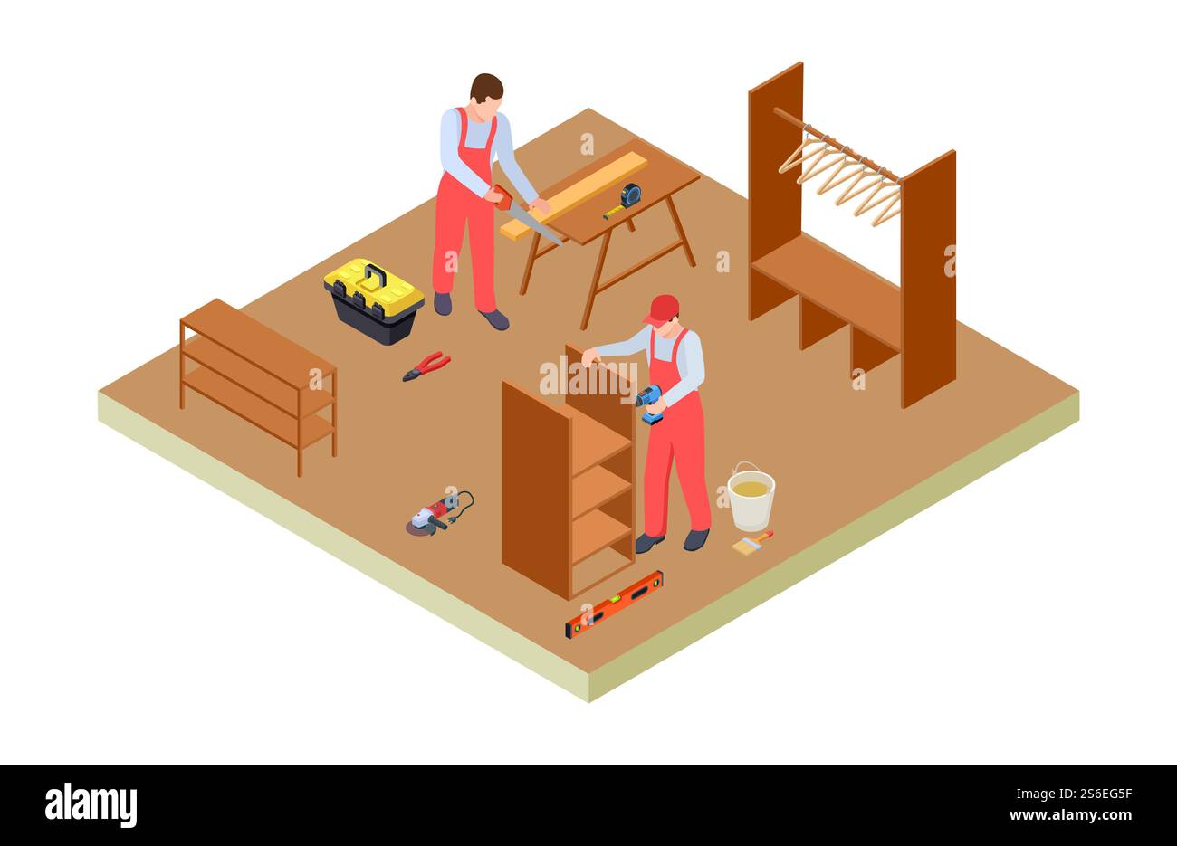 Officina di falegnami. I falegnami vettoriali isometrici producono mobili. Riparazione carpentiere, tuttofare con illustrazione della sega. Officina di falegnami. I falegnami vettoriali isometrici producono mobili Illustrazione Vettoriale