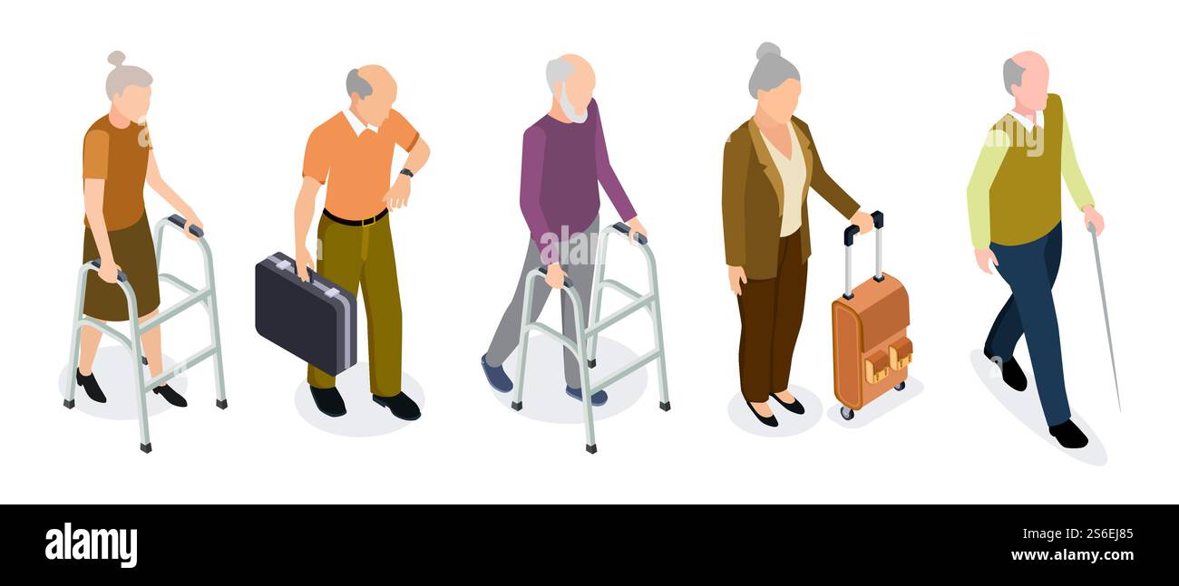 Set vettoriale isometrico per anziani. Donne e uomini anziani attivi isolati su sfondo bianco. Illustrazione persone isometriche anziani, 3d pensionamento di persone. Set vettoriale isometrico per anziani. Donne e uomini anziani attivi isolati su sfondo bianco Illustrazione Vettoriale