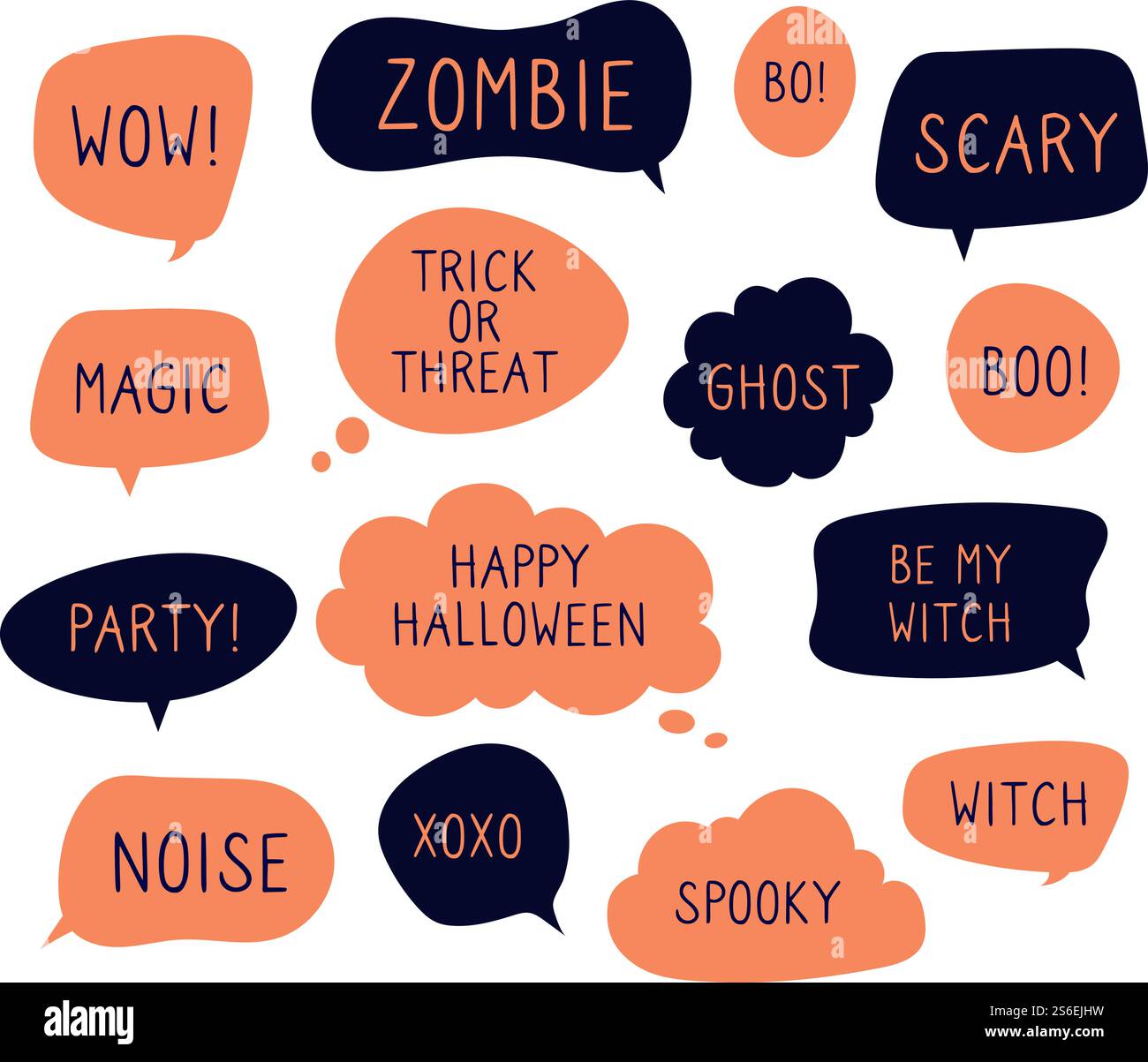 Bolle di discorso di Halloween. Trucco o minaccia, buon halloween, testo fantasma e boo in fumetti di pensiero. Set vettoriale del messaggio di halloween, finestra di dialogo con adesivi con illustrazione testuale. Bolle di discorso di Halloween. Trucco o minaccia, buon halloween, testo fantasma e boo in fumetti di pensiero. Gruppo vettoriale Illustrazione Vettoriale
