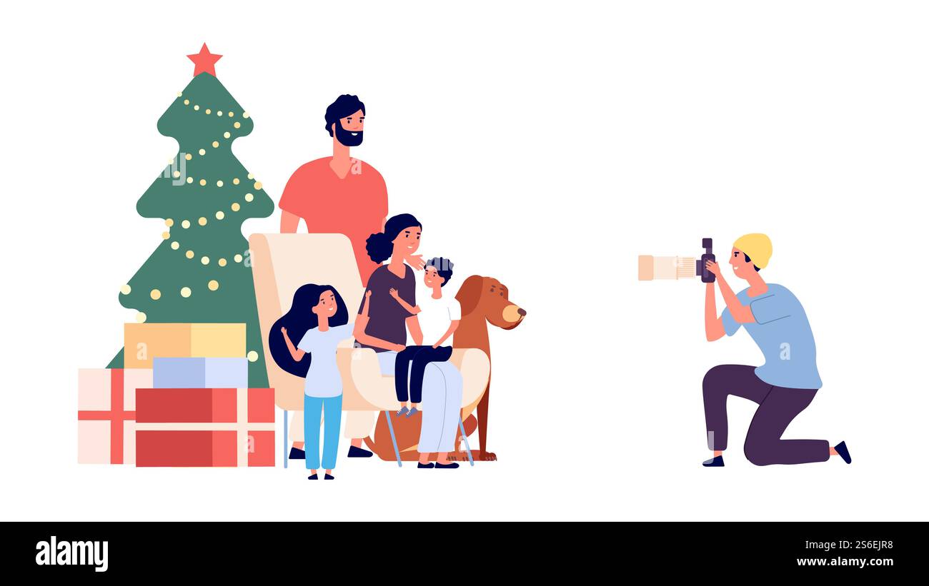 Foto di famiglia. Famiglia felice mamma papà figlia figlio cane e fotografo. Foto di Natale. Fotografo professionista. Illustrazione foto di natale albero e famiglia. Foto di famiglia. Famiglia felice mamma papà figlia figlio cane e fotografo. Foto di Natale. Fotografo professionista Illustrazione Vettoriale