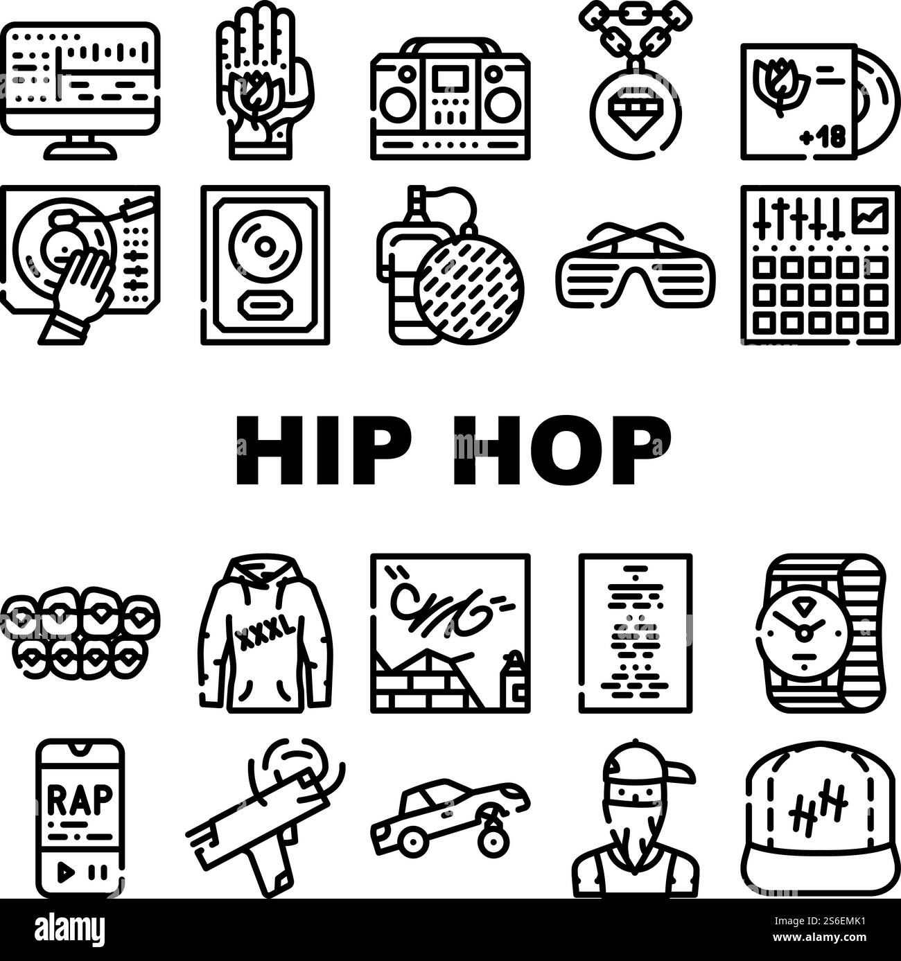 Icone hip hop e Rap Music Collection Set Vector. Hip Hop Gold Disc e gangsta rapper, dispositivo con microfono Mesh e tatuaggio, abiti e occhiali illustrazioni Black Contour. Icone hip hop e Rap Music Collection Set Vector Illustrazione Vettoriale