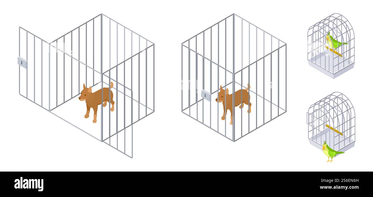 Animali in gabbie. Uccello di cane isometrico all'interno e all'esterno della gabbia. Illustrazione del vettore di cura degli animali domestici. Gabbia per animali domestici, sicurezza cuccioli domestici. Animali in gabbie. Uccello di cane isometrico all'interno e all'esterno della gabbia. Illustrazione del vettore di cura degli animali domestici Illustrazione Vettoriale
