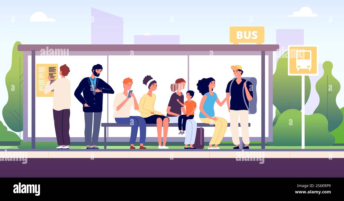 Persone alla fermata dell'autobus. Trasporto pubblico cittadino, passeggeri in attesa degli autobus in piedi insieme, concetto di vettore cartoni animati del traffico pubblico urbano. Illustrazione della fermata dell'autobus cittadino per i trasporti urbani. Persone alla fermata dell'autobus. Trasporto pubblico cittadino, passeggeri in attesa degli autobus in piedi insieme, concetto di vettore cartoni animati del traffico pubblico urbano Illustrazione Vettoriale