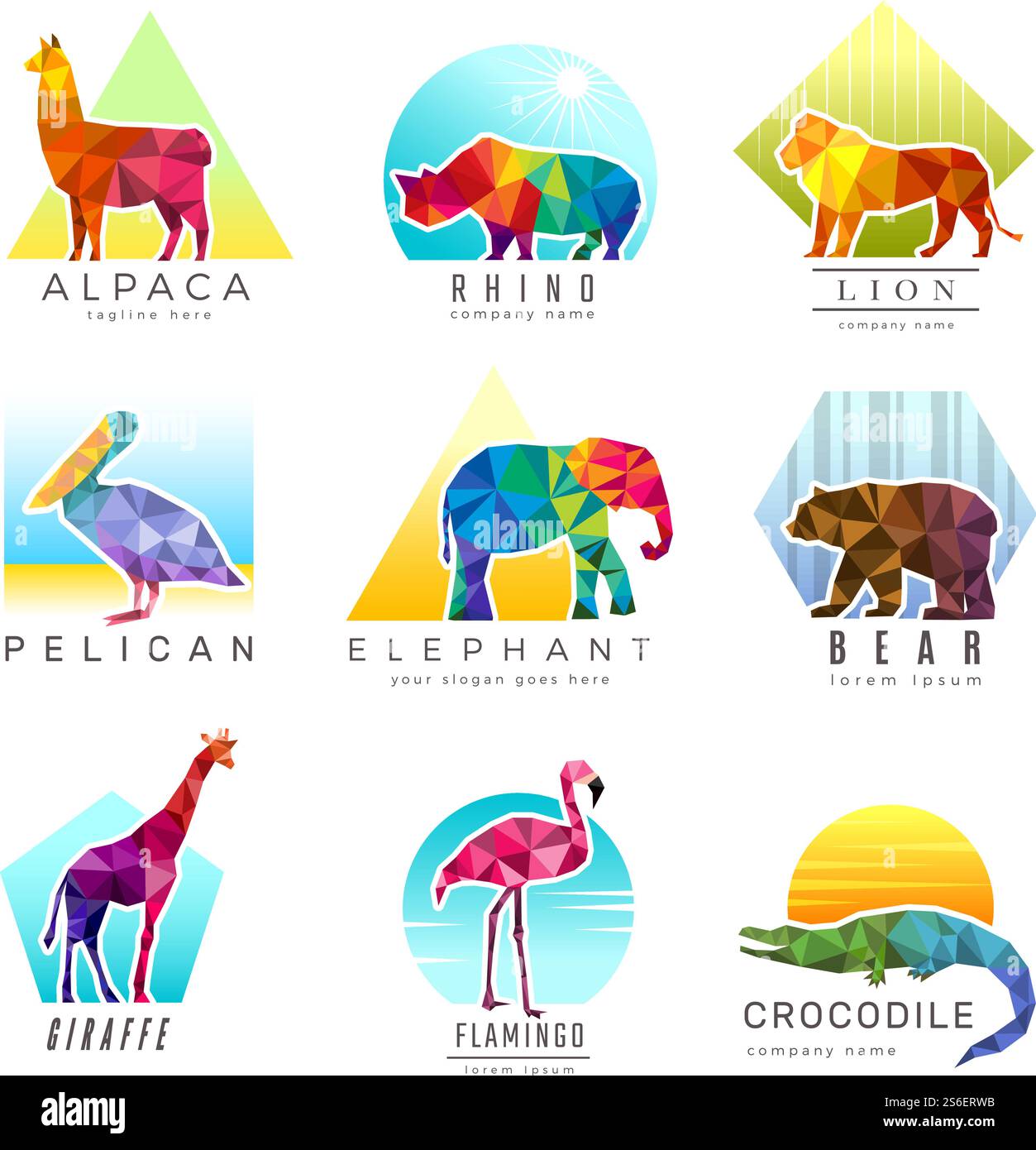 Logo degli animali. Simboli geometrici triangolari in polietilene dello zoo per diversi animali, vettore di identità aziendale colorato origami. Illustrazione logo animale triangolare geometrico, triangolo poligonale. Logo degli animali. Simboli geometrici triangolari in polietilene dello zoo per diversi animali, vettore di identità aziendale colorato origami Illustrazione Vettoriale