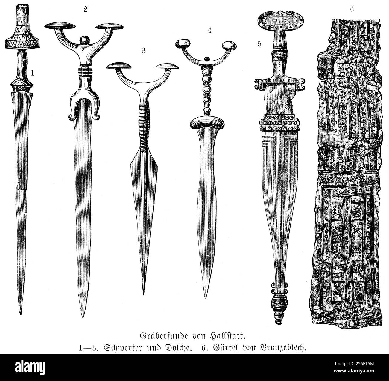 Reperti con ornamenti provenienti da tombe del cimitero di Hallstatt, spade e pugnali (1-5), cintura di bronzo (6), minerale di bronzo, archeologia della prima pietra Foto Stock