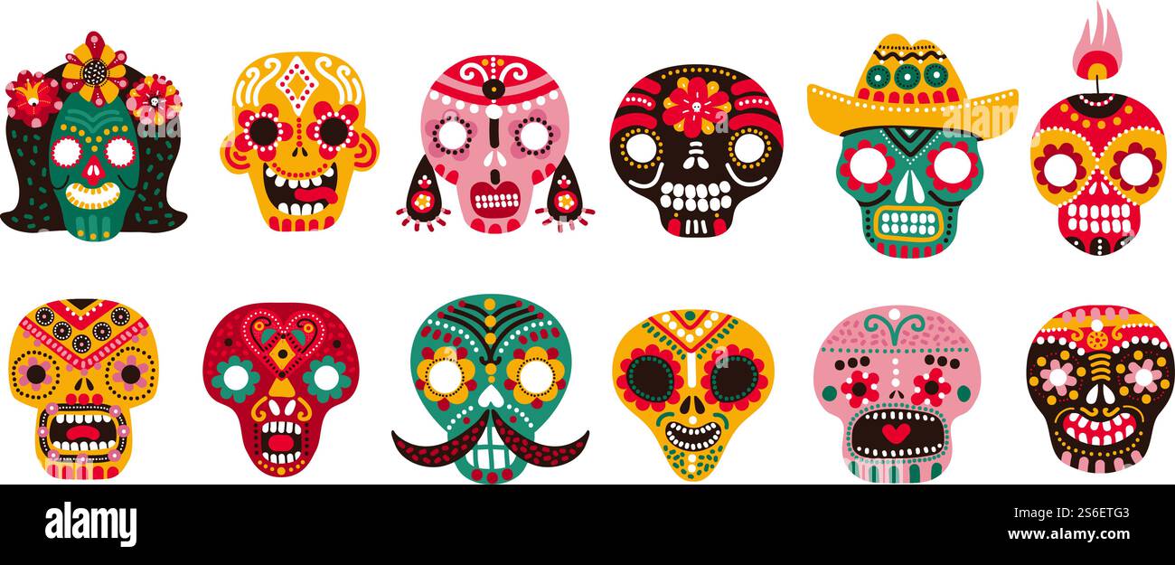 Teschi morti. Set vettoriale di dèlos muertos con ossa umane di zucchero messicano. Illustrazione testa della morte, testa umana di halloween, modello messico colorato. Teschi morti. Set vettoriale di dèlos muertos con ossa umane di zucchero messicano Illustrazione Vettoriale