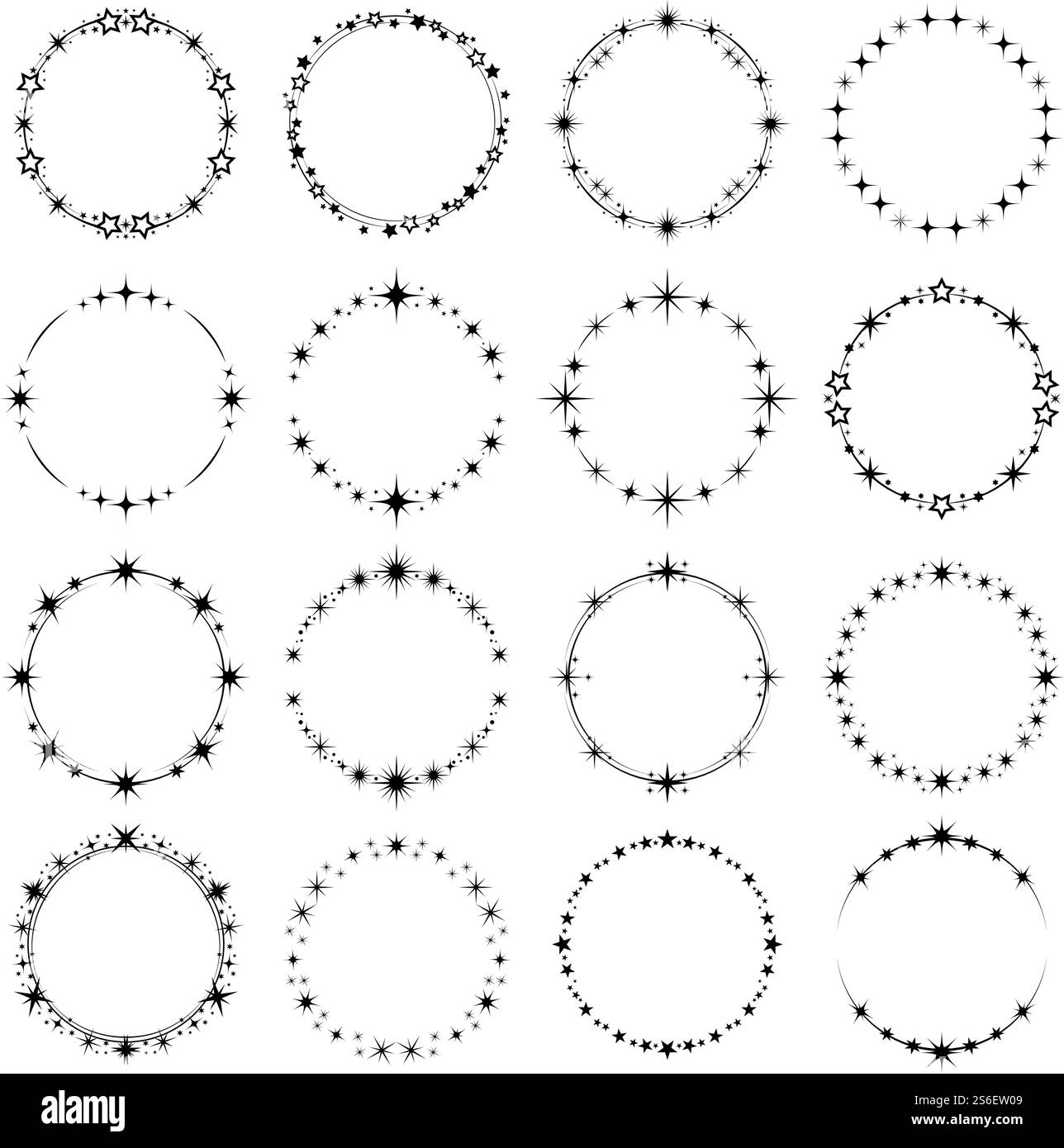 Stelle rotonde cornici. Gli anelli Stardust brillano per la festa, avvolgenti e arrotondate, le stelle magiche vettoriali della moda cosmica. Telaio a stella arrotondato, anello, illustrazione con asterisco monocromatico. Stelle rotonde cornici. Gli anelli Stardust brillano per la festa, avvolgenti e arrotondate, le stelle magiche vettoriali della moda cosmica Illustrazione Vettoriale