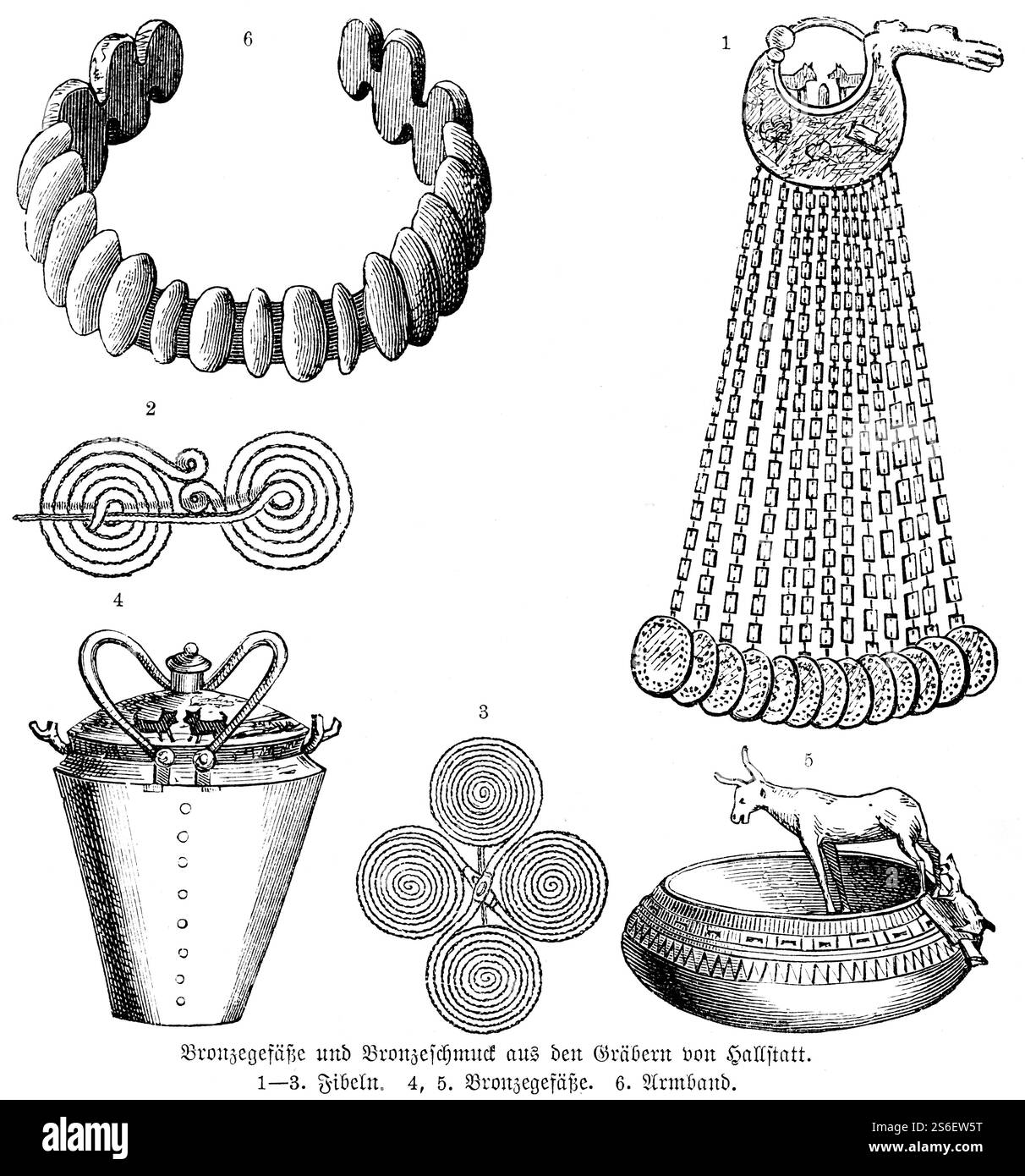 Vasi e gioielli provenienti da tombe del cimitero di Hallstatt, spilla sospesa (1), spille o fibbie (2 e 3), vasi in bronzo ornati (4 a Foto Stock