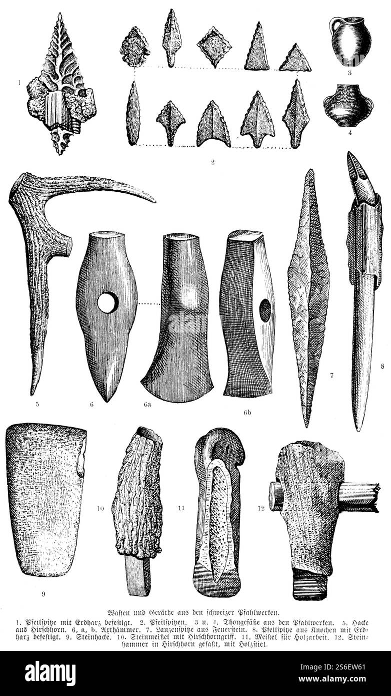 Armi e strumenti provenienti da palafitte preistoriche, frecce e punte di freccia, vasi di argilla, martelli, zoccoli, scalpelli, storia dell'umanità, Svizzera, storia Foto Stock