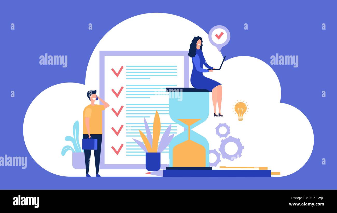 Concetto di gestione del tempo. Gestione efficace. Organizzazione dell'illustrazione vettoriale del processo di lavoro. Produttività nella gestione del tempo, controllo dei processi di progetto. Concetto di gestione del tempo. Gestione efficace. Organizzazione dell'illustrazione vettoriale del processo di lavoro Illustrazione Vettoriale