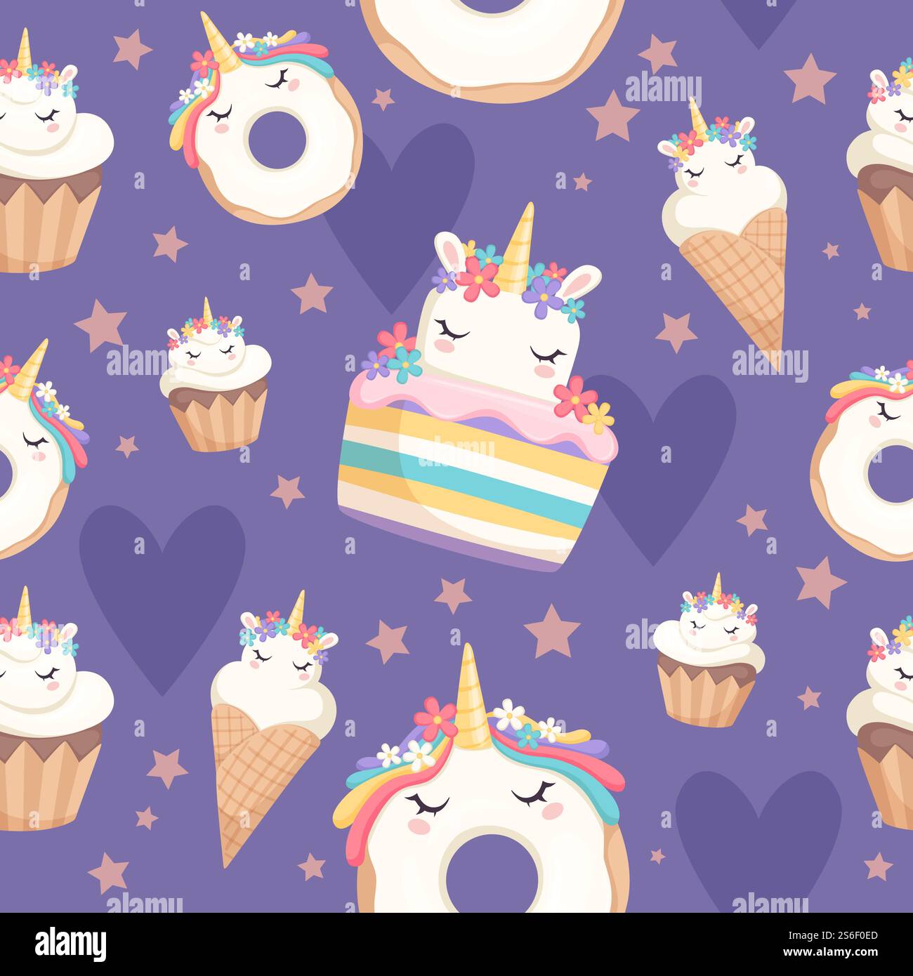 Schema unicorno. Decorazione dessert pony magico con cupcake dolci ciambelle celebrazione vettoriale sfondo senza cuciture. Illustrazione: Dolci a pony unicorno, confezione con cono di waffle. Schema unicorno. Decorazione dessert pony magico con cupcake dolci ciambelle celebrazione vettoriale sfondo senza cuciture Illustrazione Vettoriale