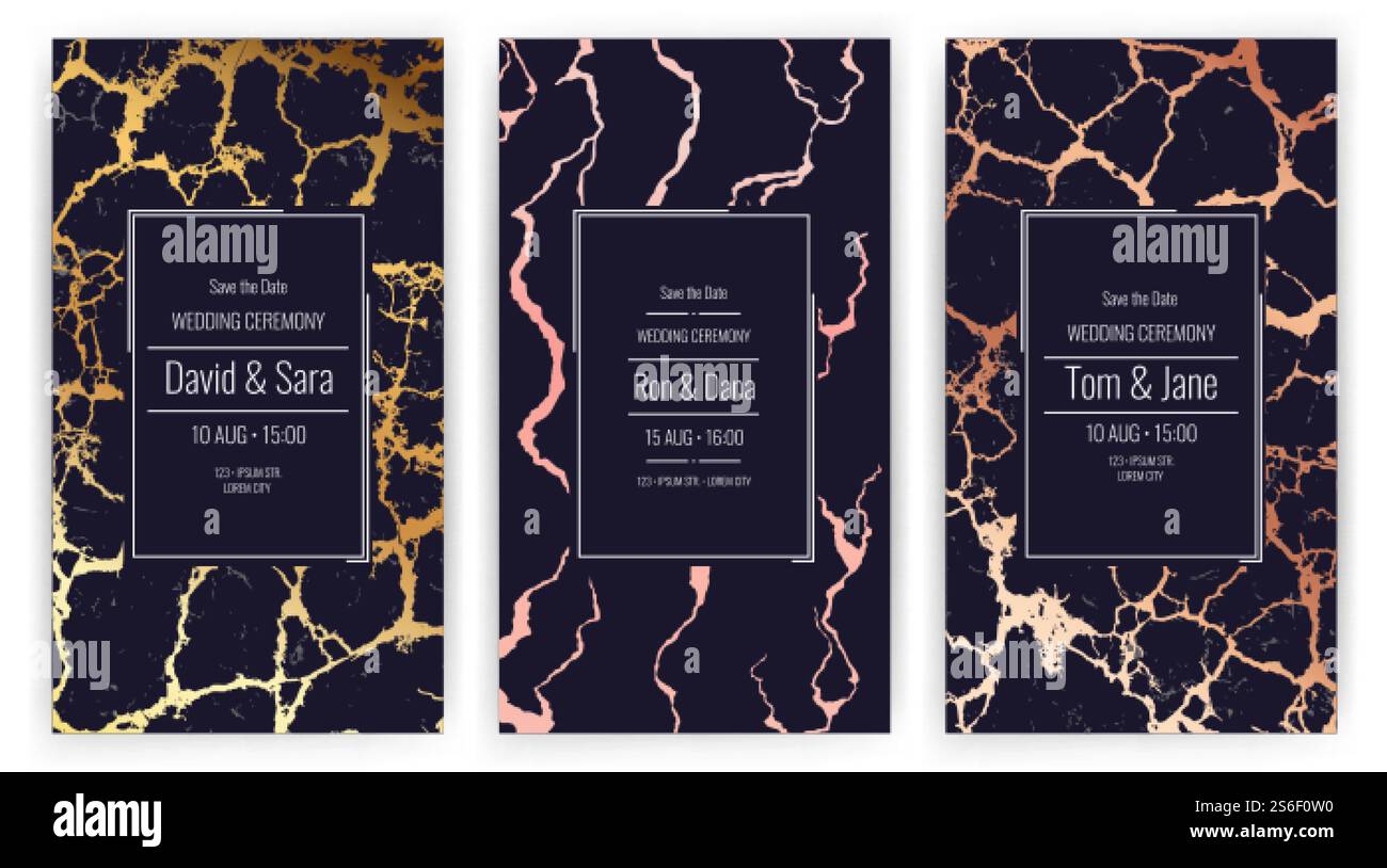 Invito al matrimonio. Volantini in marmo dorato. Invito vettoriale, modello per banner con crepe dorate. Illustrazione dell'invito alla carta nuziale, volantino moderno. Invito al matrimonio. Volantini in marmo dorato. Invito vettoriale, modello per banner con crepe dorate Illustrazione Vettoriale