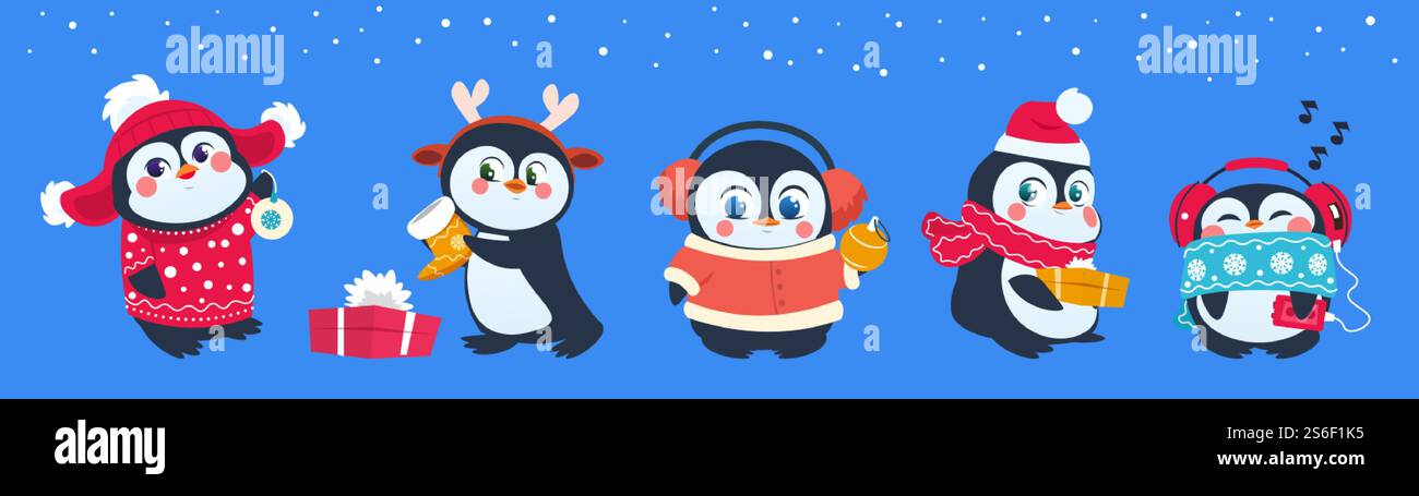 Pinguino di Natale. Simpatici animali da neve, simpatici personaggi dei cartoni animati dei piccoli pinguini in cappello invernale con confezione regalo e palle. Il personaggio del bambino di pinguino di Natale, l'uccello polare e l'illustrazione delle festività natalizie. Pinguino di Natale. Simpatici animali da neve, simpatici personaggi dei cartoni animati dei piccoli pinguini in cappello invernale con confezione regalo e palle Illustrazione Vettoriale Pinguino di Natale. Simpatici animali da neve, simpatici personaggi dei cartoni animati dei piccoli pinguini in cappello invernale con confezione regalo e palle. Il personaggio del bambino di pinguino di Natale, l'uccello polare e l'illustrazione delle festività natalizie. Pinguino di Natale. Simpatici animali da neve, simpatici personaggi dei cartoni animati dei piccoli pinguini in cappello invernale con confezione regalo e palle Illustrazione Vettoriale
