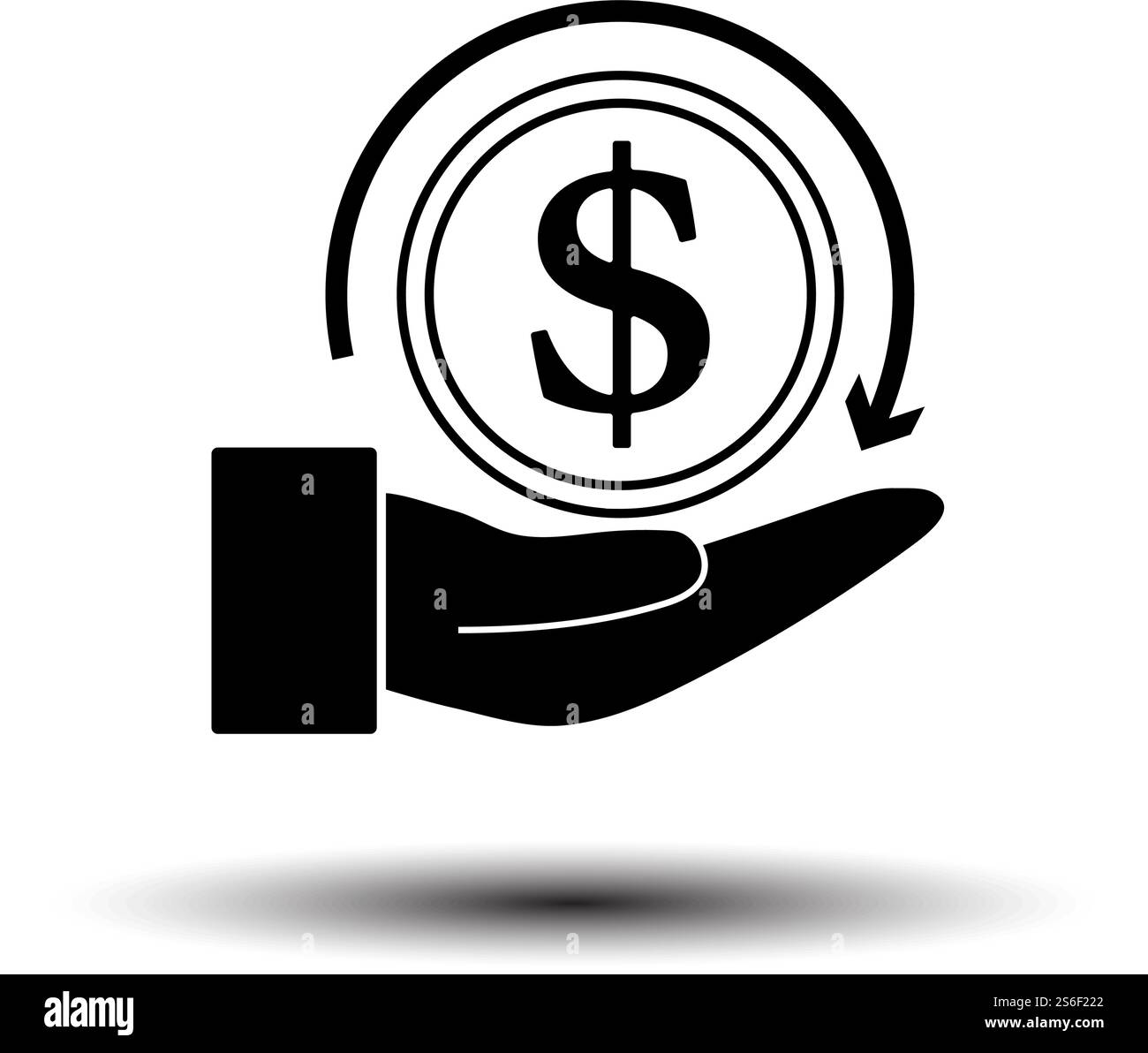 Icona Cash Back Coin to Hand. Nero su sfondo bianco con ombra. Illustrazione vettoriale. Illustrazione Vettoriale