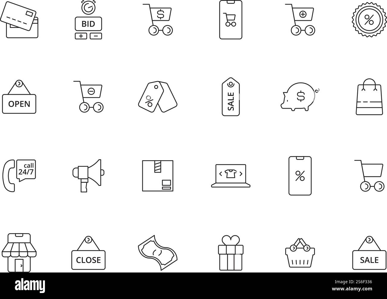 Icona mercato online. Immagini della linea vettoriale dei buoni promozionali per acquisti tramite app di e-commerce pagamenti. Le icone del negozio commerciali, le illustrazioni descrivono il carrello e l'acquisto. Icona mercato online. Immagini della linea vettoriale dei buoni promozionali per acquisti tramite app di e-commerce pagamenti Illustrazione Vettoriale