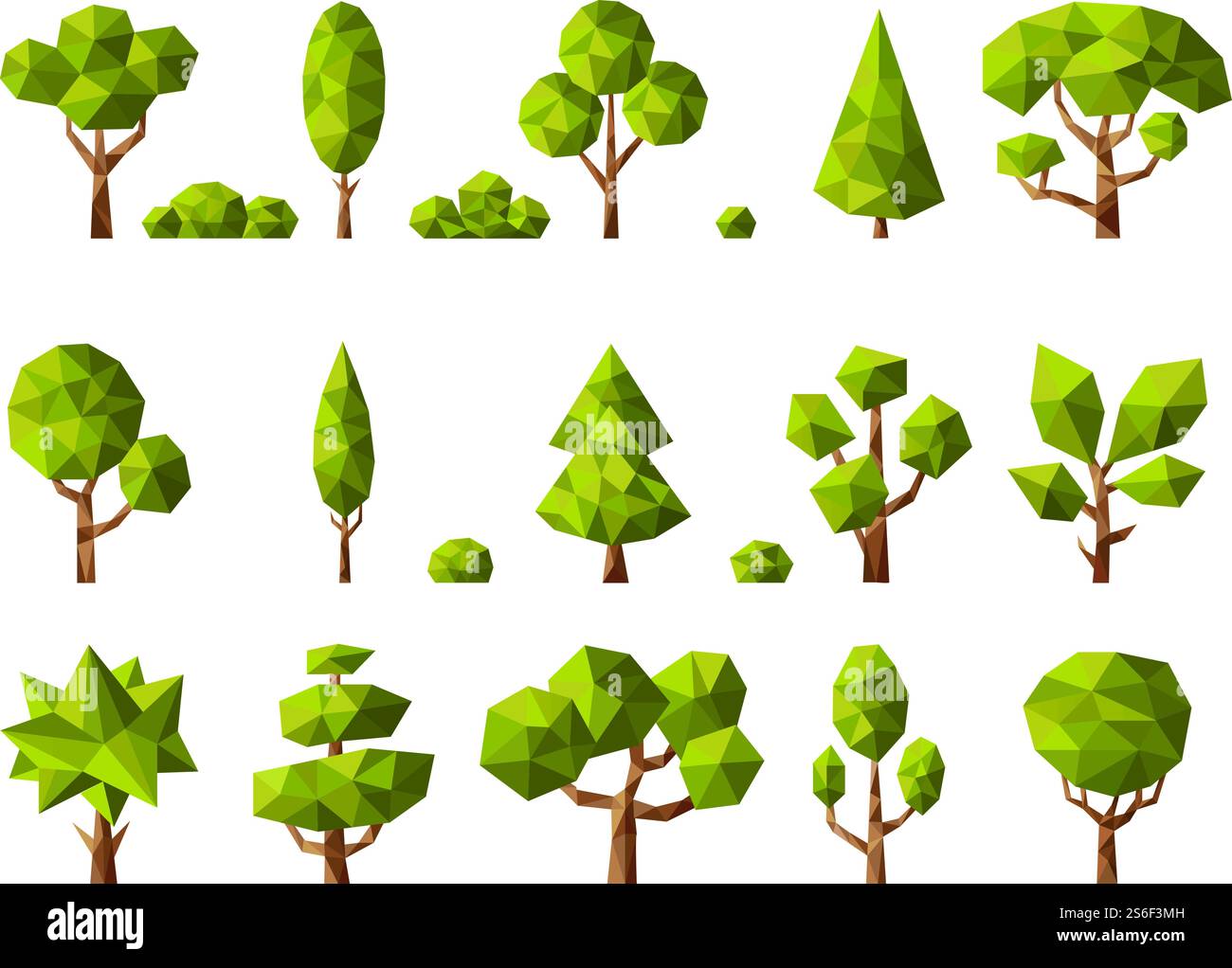 Piante a basso contenuto di poli. Cartoni animati geometrici alberi stilizzati verde natura piante collezione vettoriale. Illustrazione albero geometrico, pianta astratta poligonale. Piante a basso contenuto di poli. Cartoni animati geometrici alberi stilizzati verde natura piante collezione vettoriale Illustrazione Vettoriale