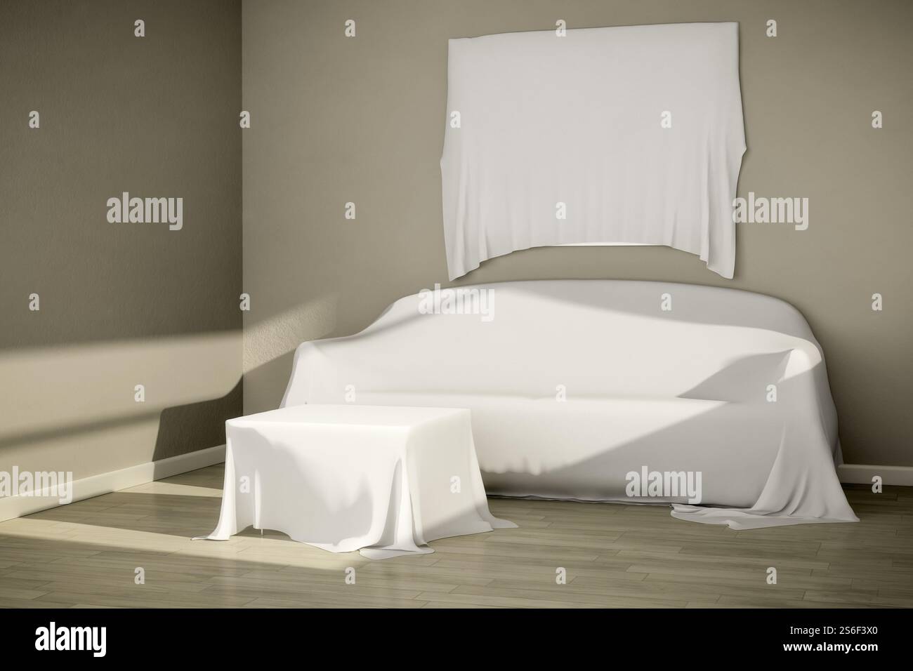 Immagine 3D rappresentata di una stanza disabitata con mobili coperti Foto Stock