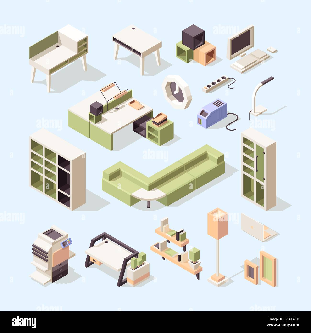 Mobili da lavoro. Sedie da ufficio guardaroba comodino isometrico vettoriale basso mobili in poliestere. Illustrazione di mobili da ufficio tavolo o interni di una scrivania. Mobili da lavoro. Sedie da ufficio guardaroba comodino isometrico vettoriale basso mobili in poliestere Illustrazione Vettoriale