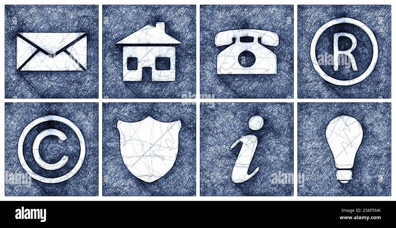 Una serie di icone moderne per l'illustrazione del doodle con penna a sfera per Web Foto Stock