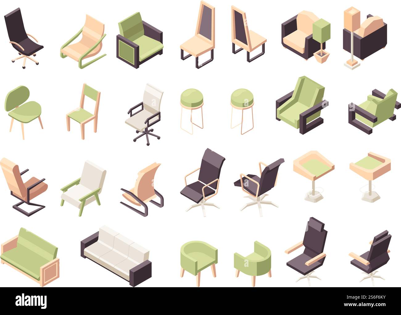 Poltrone isometriche. Mobili da ufficio moderne basse sedie in polietilene collezione di oggetti 3d isolati. Poltroncina per mobili, sedile per interni, illustrazione di sedie da ufficio. Poltrone isometriche. Mobili da ufficio moderne basse sedie in polietilene collezione di oggetti 3d isolati Illustrazione Vettoriale