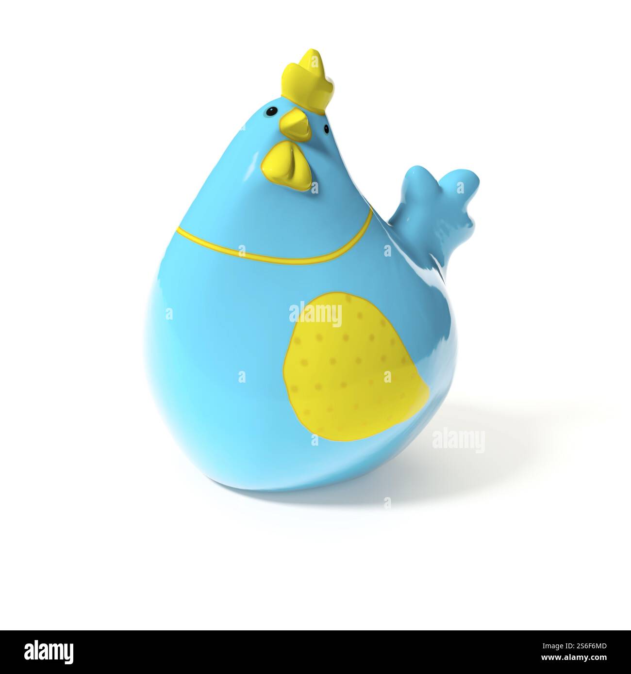 illustrazione in 3d di un elegante pollo in ceramica blu e giallo per la decorazione pasquale Foto Stock