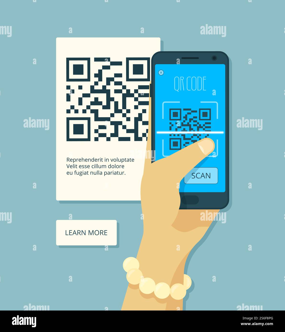 Scansione codice qr. Concetto di vettore adesivo del prodotto con codice di scansione laser e smartphone con mano. Codice mobile QR, illustrazione dell'applicazione dati di scansione. Scansione codice qr. Concetto di vettore adesivo del prodotto con codice di scansione laser e smartphone con mano Illustrazione Vettoriale