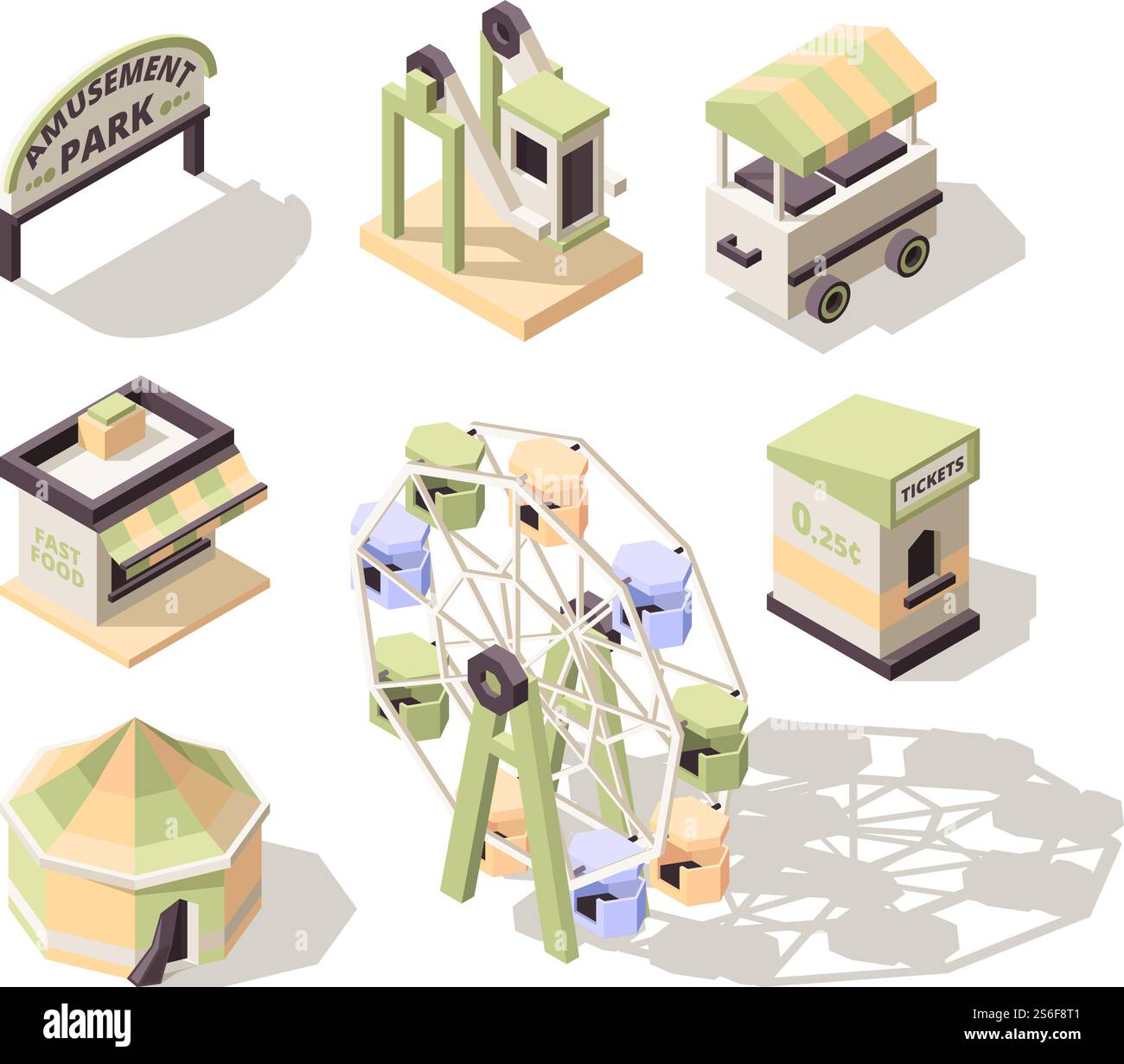 Divertimento isometrico. Parco divertimenti con giostre per bambini con attrazioni, grandi auto elettriche, immagini vettoriali di swing. Illustrazione, divertimento, attrazioni ricreative. Divertimento isometrico. Parco divertimenti con giostre per bambini con attrazioni, grandi auto elettriche, immagini vettoriali di swing Illustrazione Vettoriale
