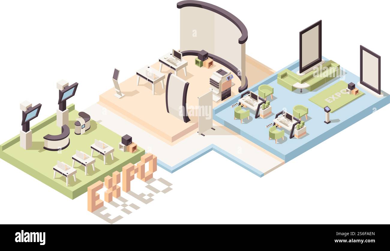 Esposizione isometrica. Pubblicizzare gli stand per eventi e gli interni del complesso espositivo 3d low Poly Vector. esposizione isometrica 3d in basso poli, illustrazione di edifici. Esposizione isometrica. Pubblicizzare gli stand per eventi e gli interni del complesso espositivo 3d low Poly Vector Illustrazione Vettoriale