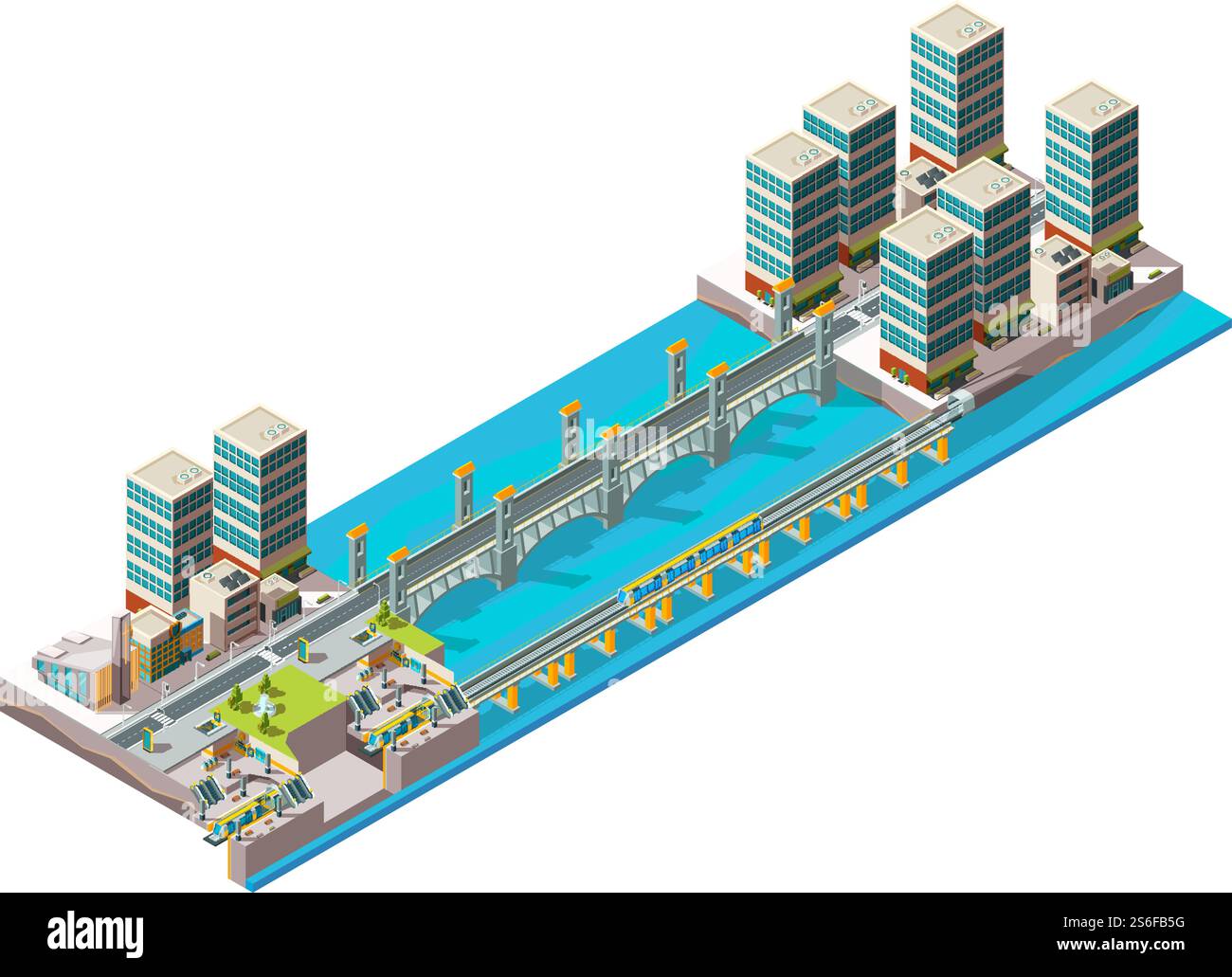 Fiume urbano. Paesaggio urbano con bassi edifici in polietilene e ponte grande viadotto vettoriale isometrico. Ponte sul fiume in città, illustrazione di architettura urbana. Fiume urbano. Paesaggio urbano con bassi edifici in polietilene e ponte grande viadotto vettoriale isometrico Illustrazione Vettoriale