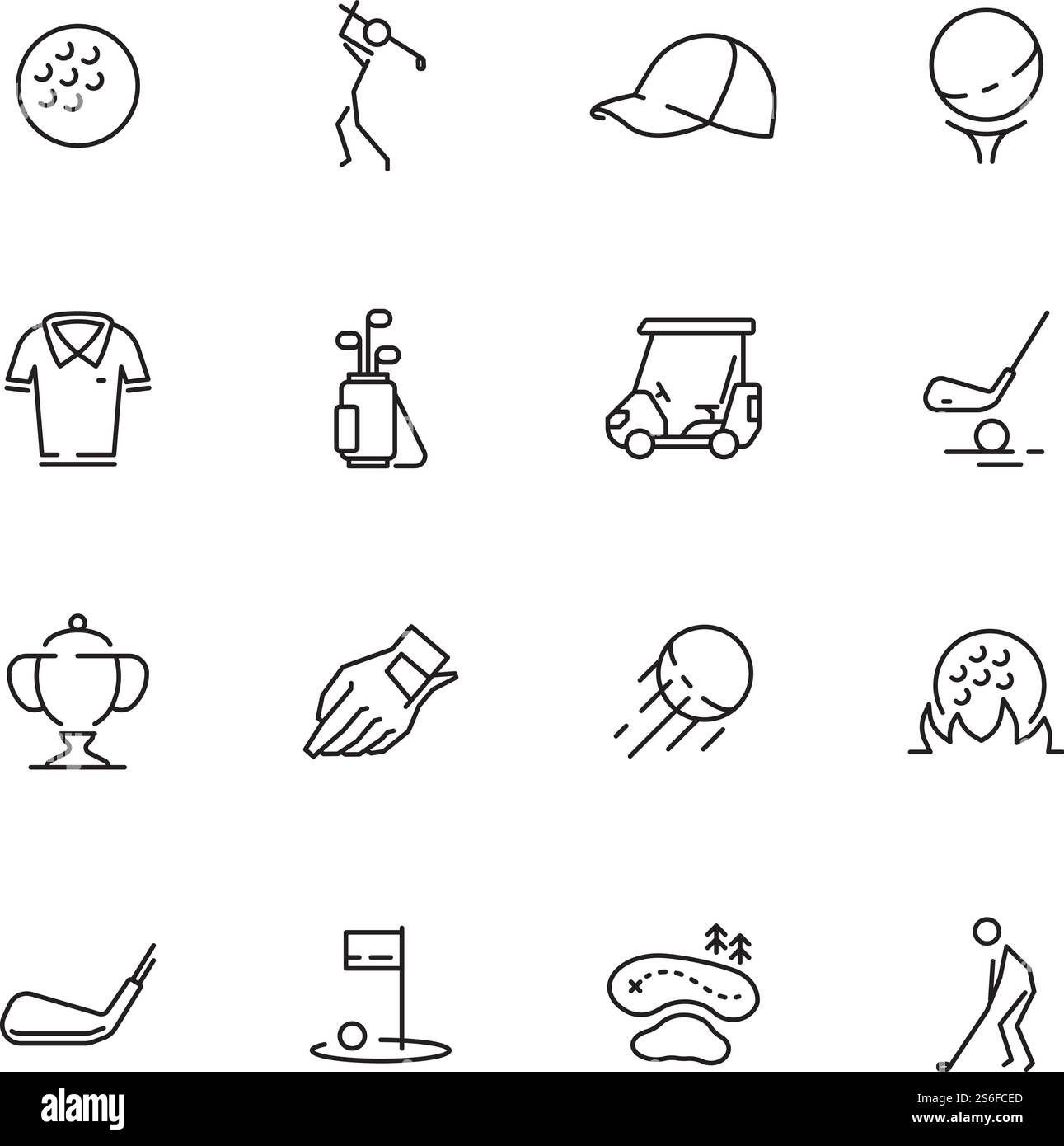 Icone del golf. Simboli sportivi di bastoncini da palla da golf set vettoriale auto isolato. Icone sport golf, gioco e gioco, torneo di golf e illustrazione di trofei. Icone del golf. Simboli sportivi di bastoncini da palla da golf set vettoriale auto isolato Illustrazione Vettoriale