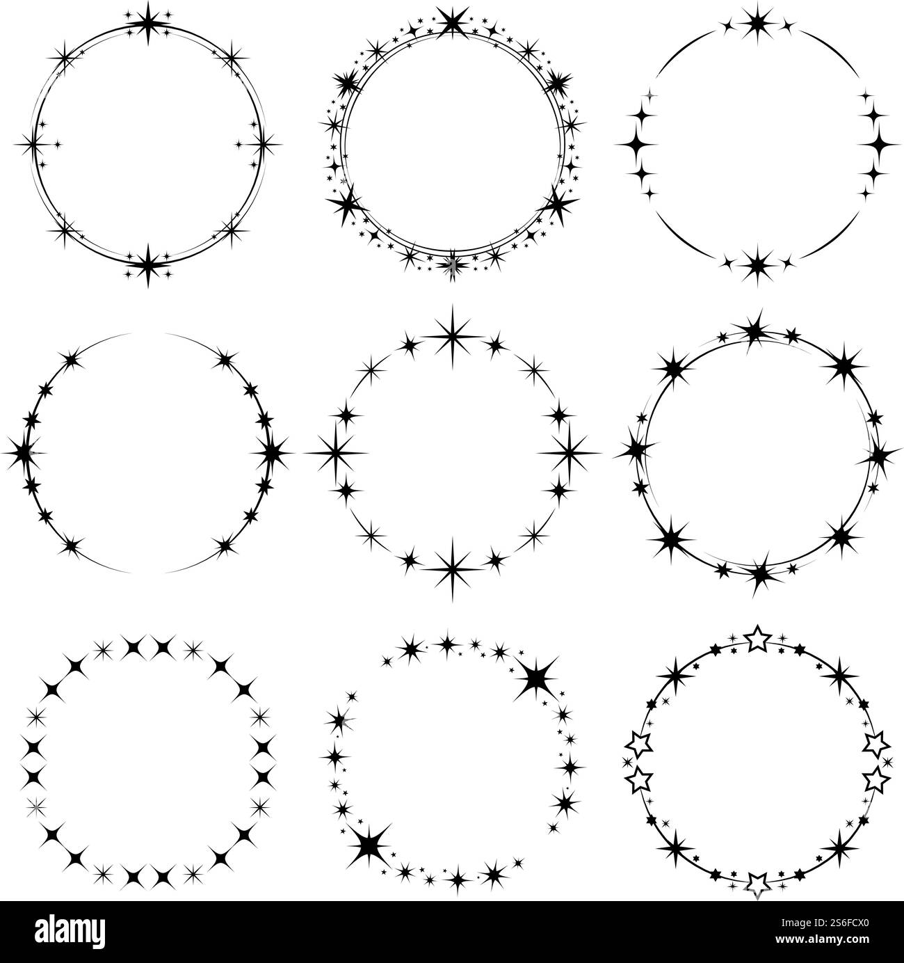 Cornice delle stelle. Forma circolare con la collezione vettoriale stardust rotonde stelle. Illustrazione a forma di stella monocromatica con composizione a turbolenza con asterisco. Cornice delle stelle. Forma circolare con la collezione vettoriale stardust rotonde stelle Illustrazione Vettoriale