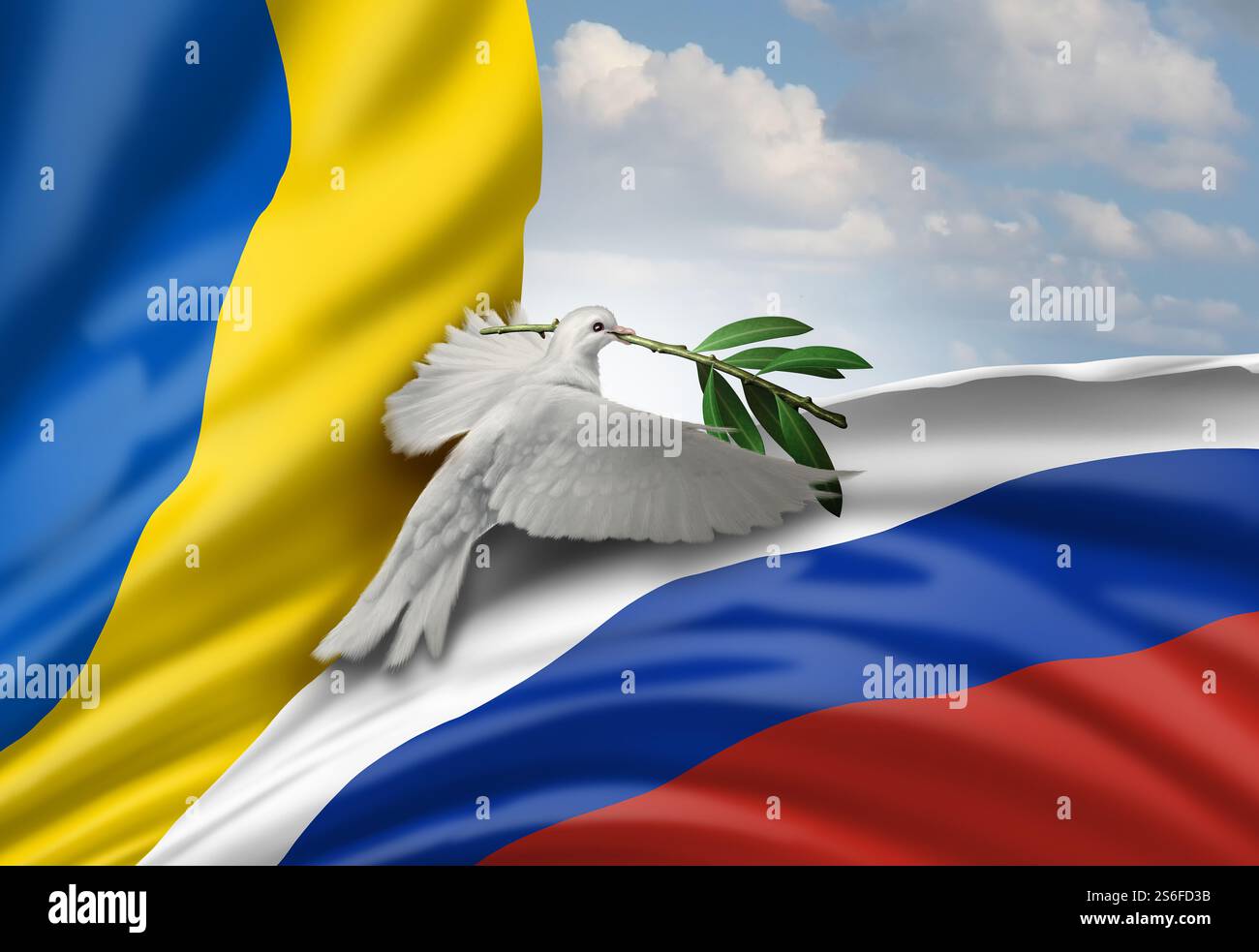 Ucraina e Russia concetto di negoziati di pace per negoziare un accordo di pace o cessare il fuoco per mediare mediazione e arbitrato tra Mosca e Kyi Foto Stock